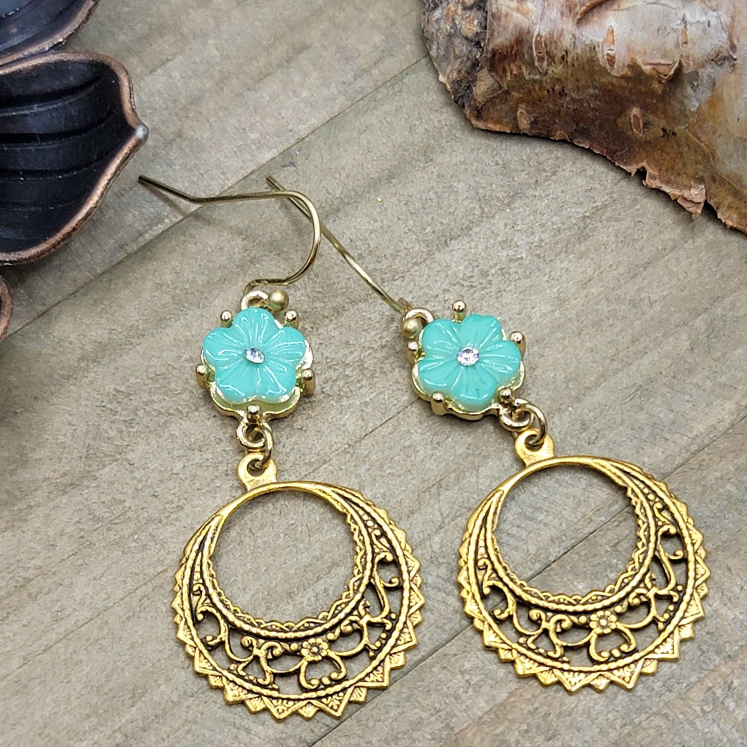 Mint Green And Gold Round Filigree Dangle Earrings - Nicki Lynn Jewelry