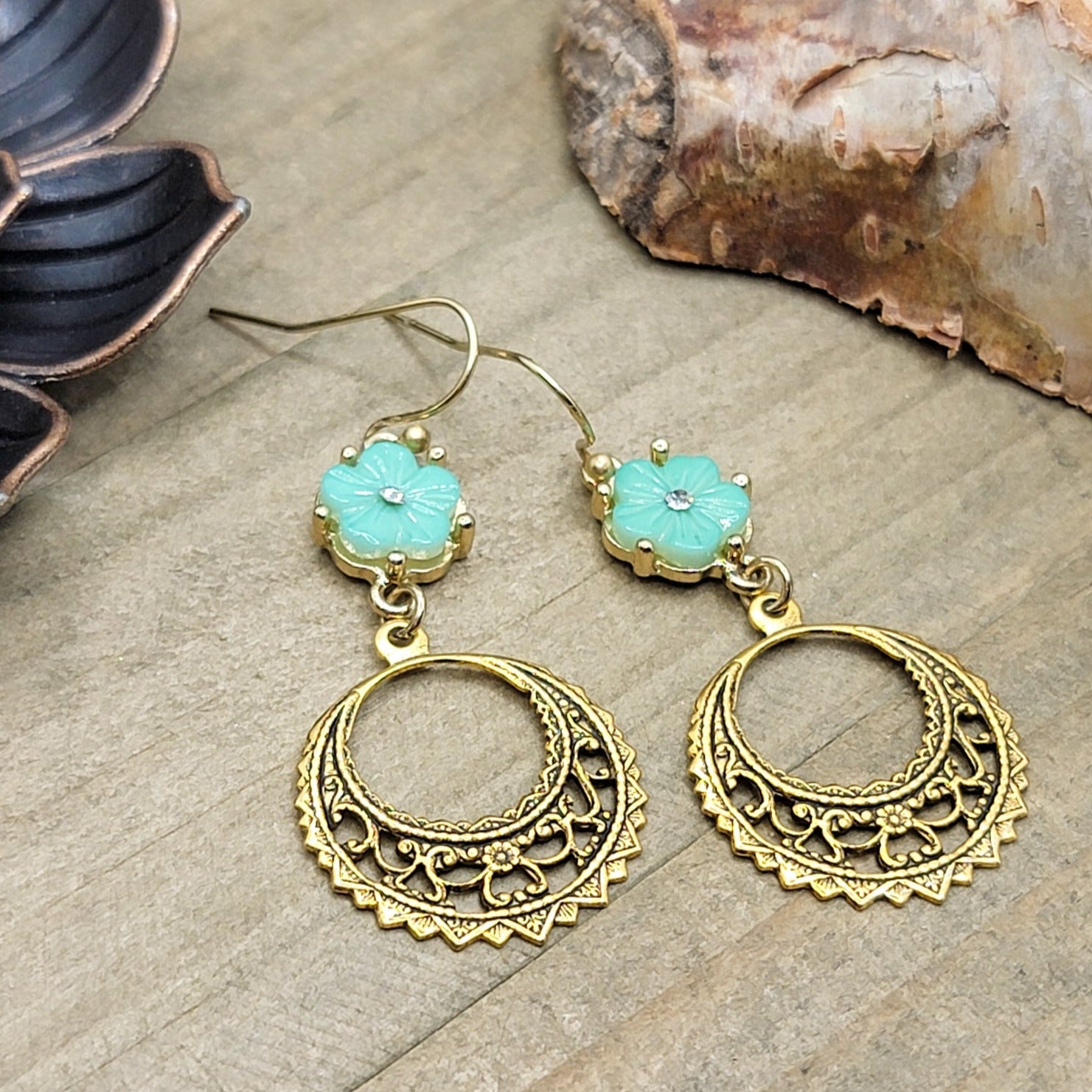 Mint Green And Gold Round Filigree Dangle Earrings - Nicki Lynn Jewelry