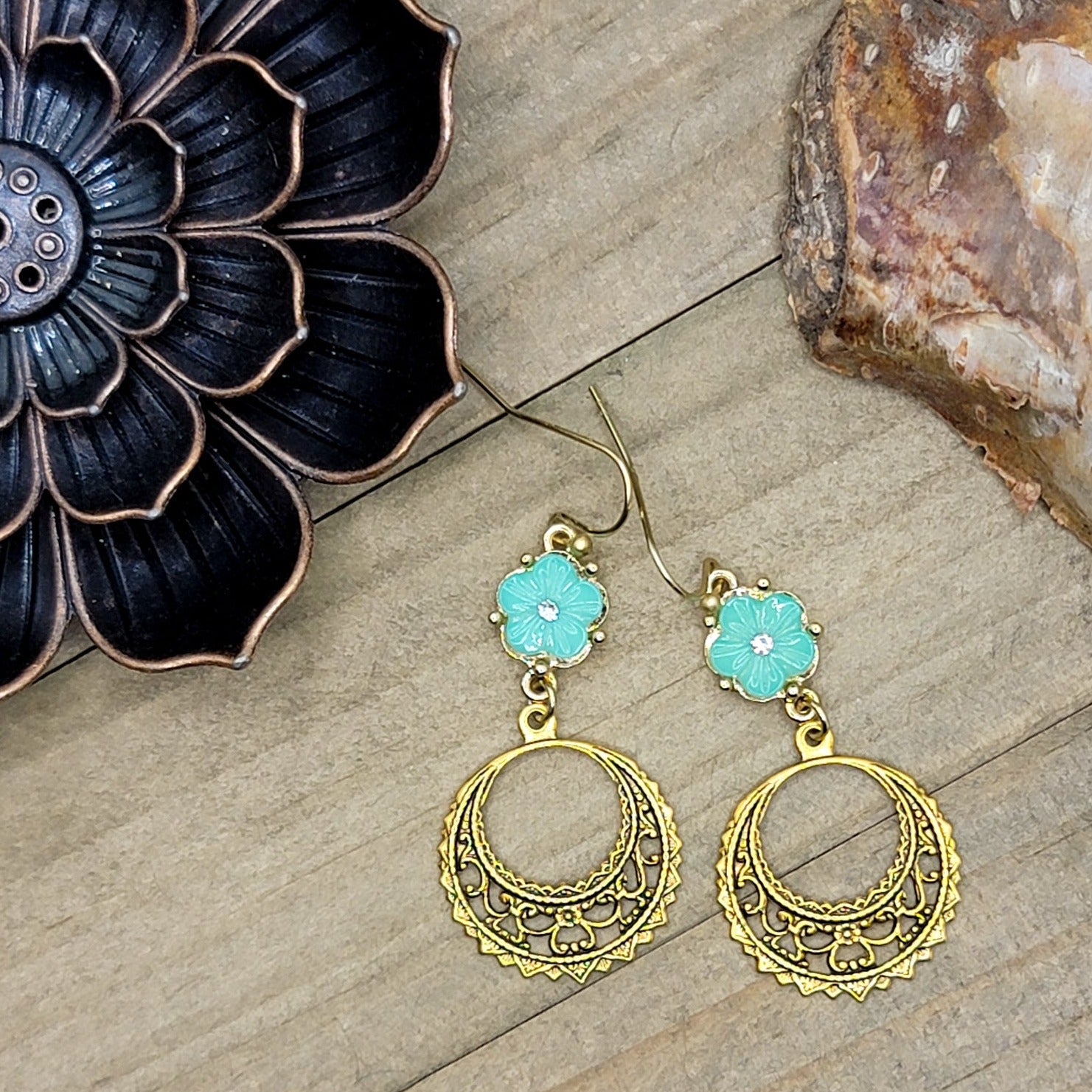 Mint Green And Gold Round Filigree Dangle Earrings - Nicki Lynn Jewelry