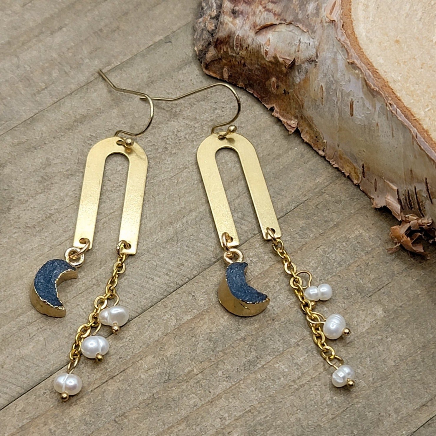 Crescent Druzy Moon and Pearl Chain Earrings - Nicki Lynn Jewelry