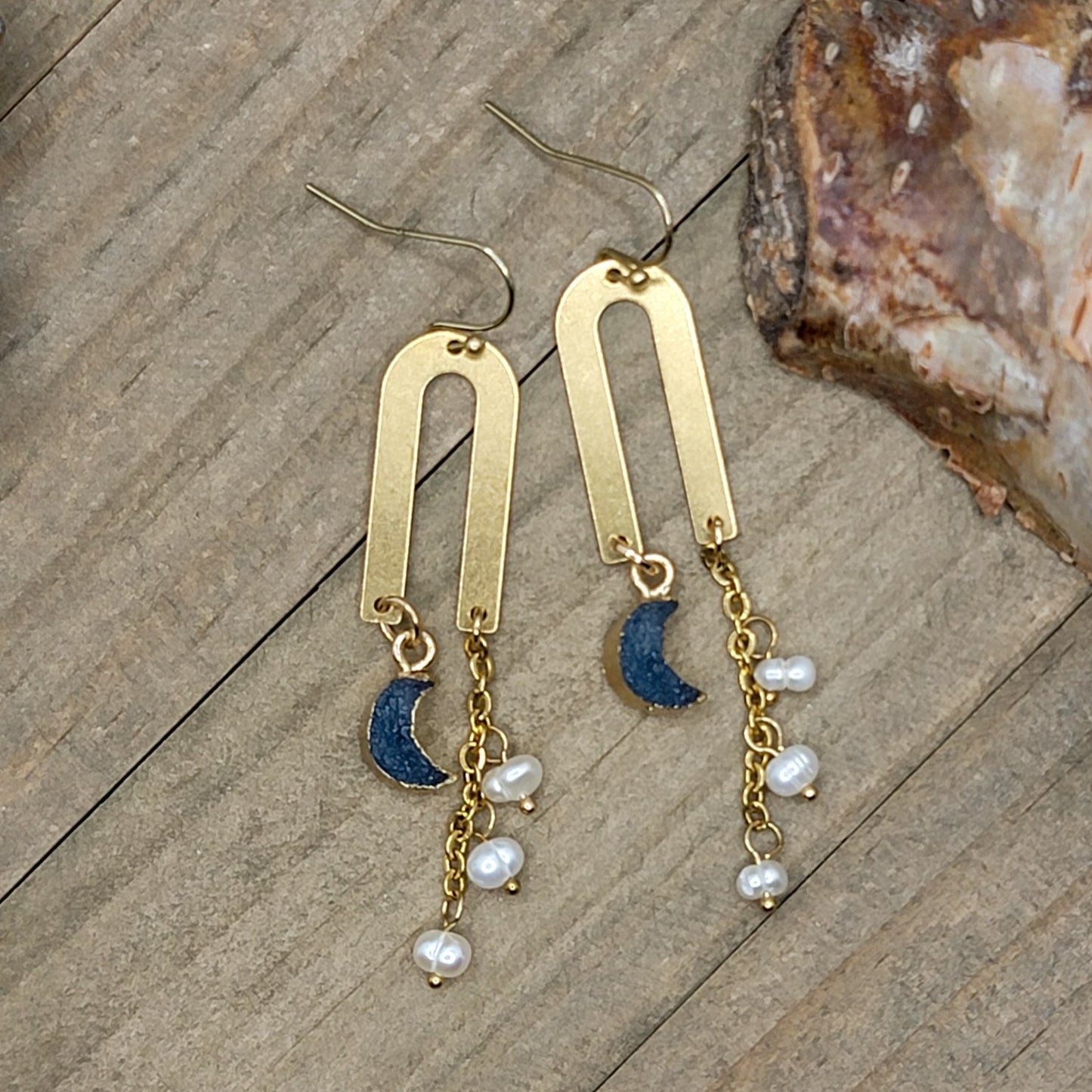 Crescent Druzy Moon and Pearl Chain Earrings - Nicki Lynn Jewelry