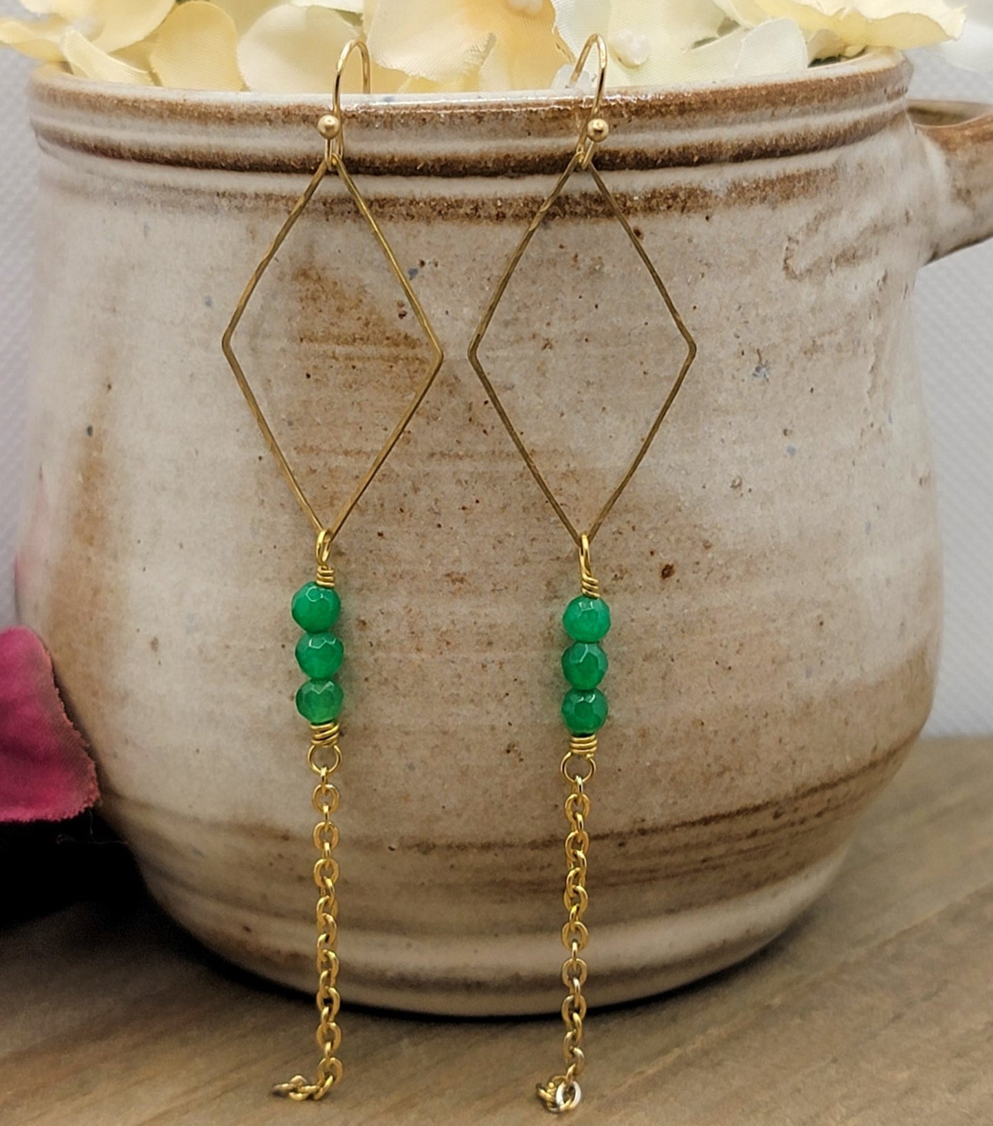 Lightweight Jade and Gold Chain Earrings - Nicki Lynn Jewelry