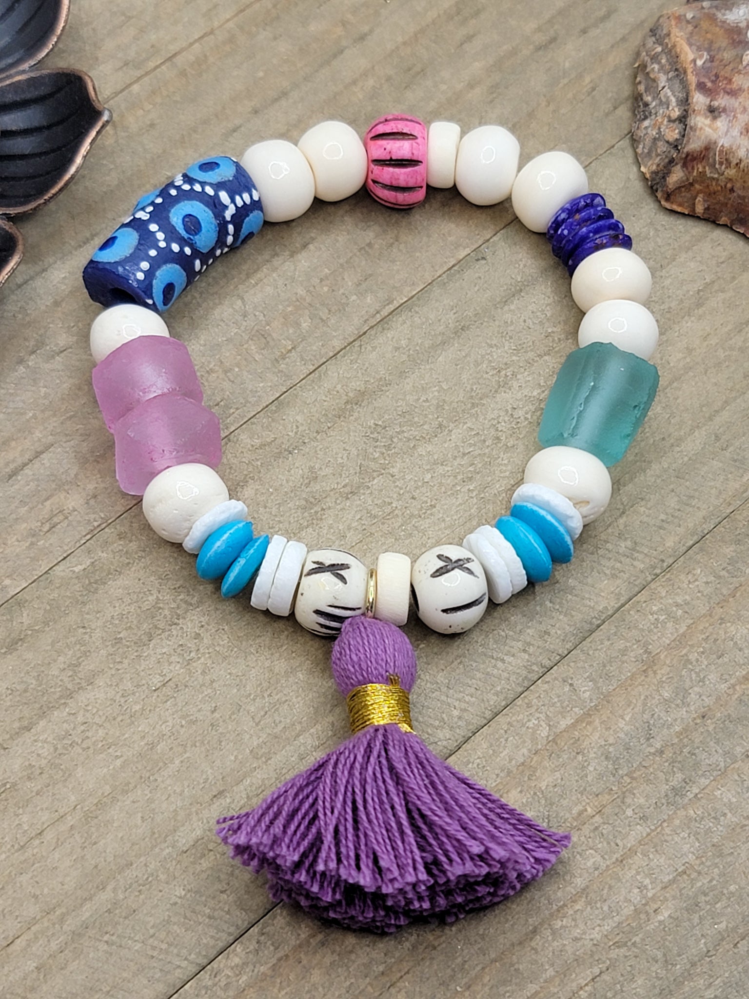 Boho Tribal Bone Bead Tassel Bracelet - Nicki Lynn Jewelry