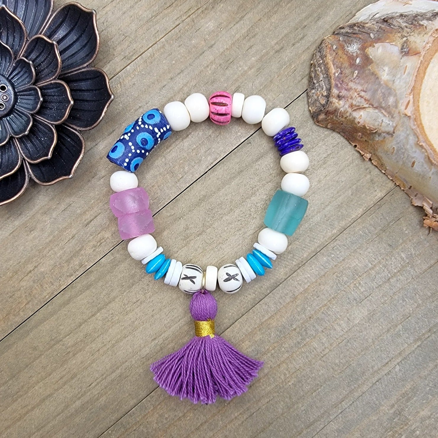 Boho Tribal Bone Bead Tassel Bracelet - Nicki Lynn Jewelry