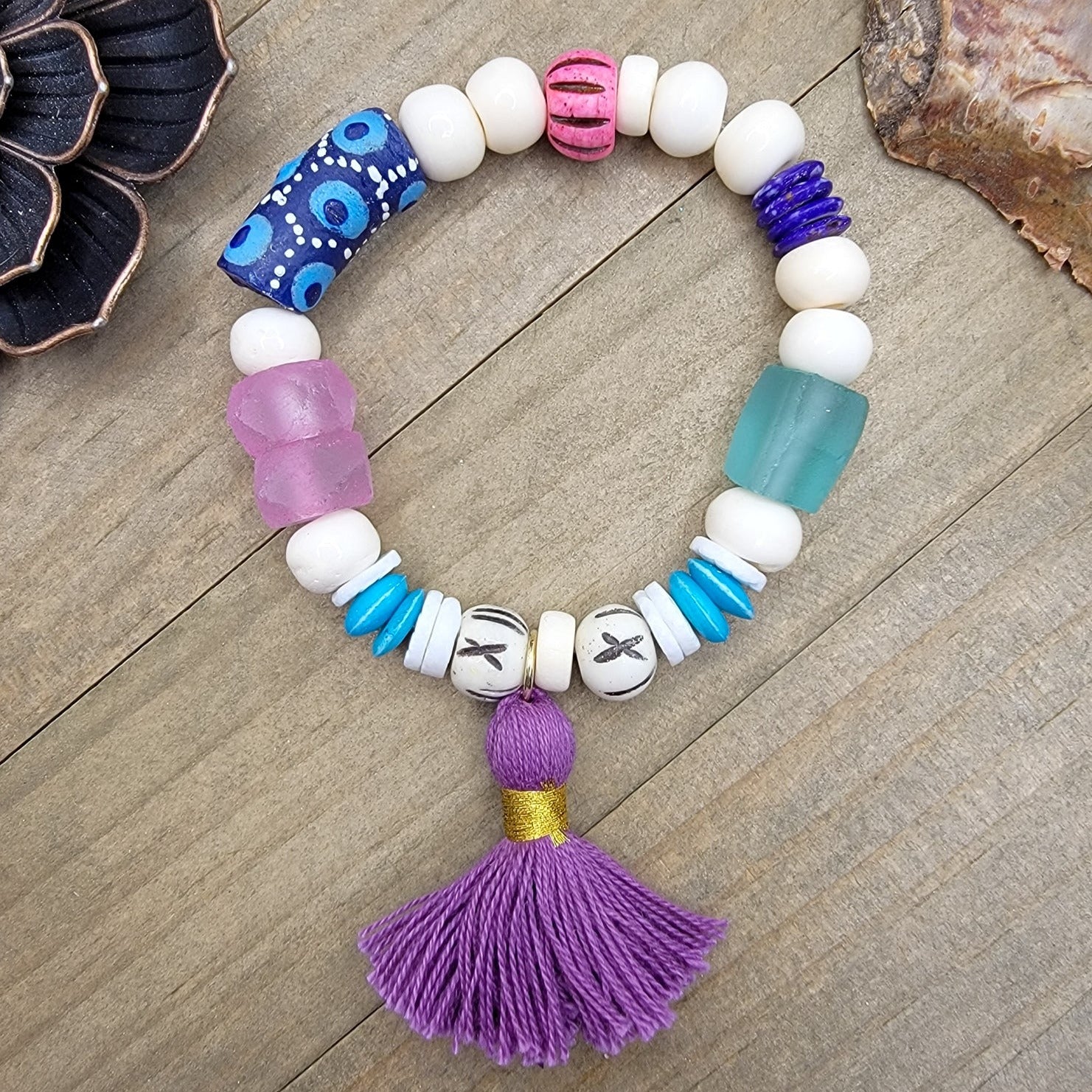 Boho Tribal Bone Bead Tassel Bracelet - Nicki Lynn Jewelry