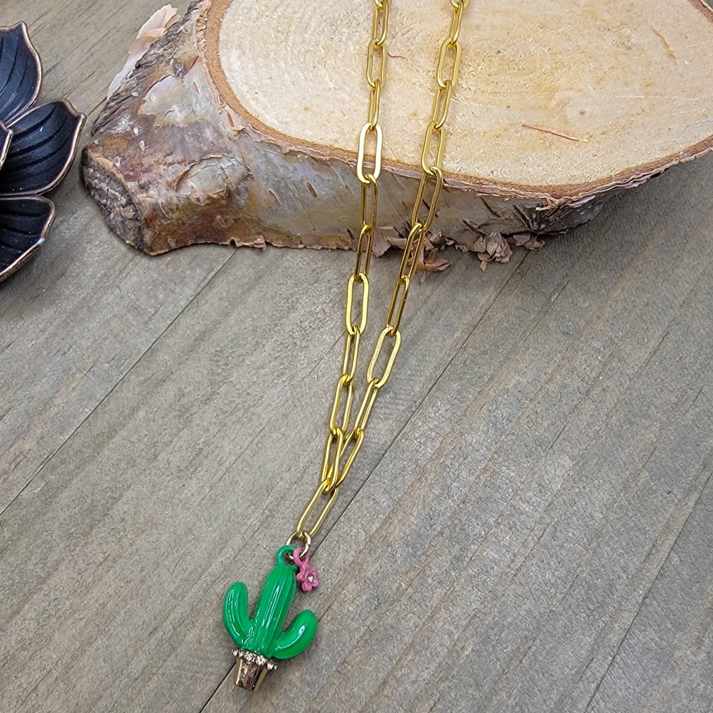 Dainty Green Enamel Cactus Necklace - Nicki Lynn Jewelry