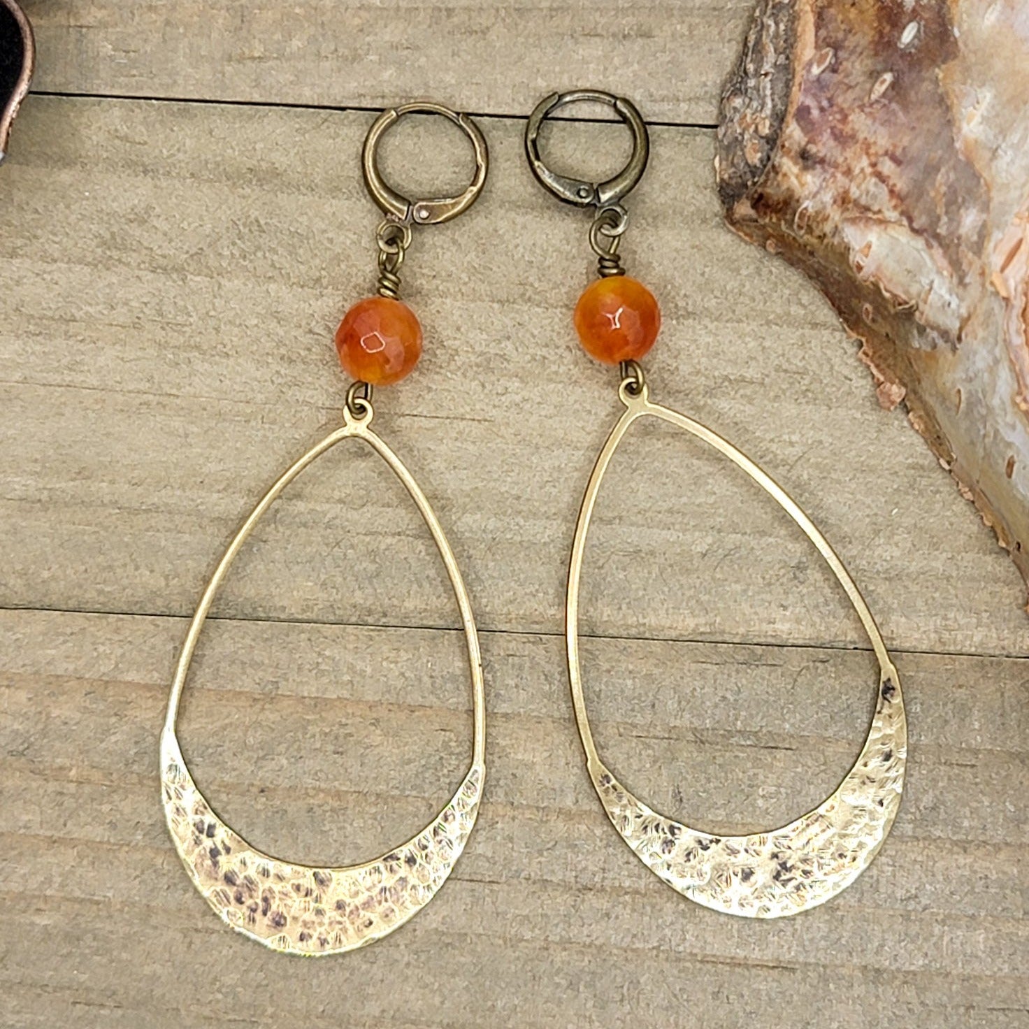 Textured Brass Oval Earrings with Earthy Agate - Nicki Lynn Jewelry