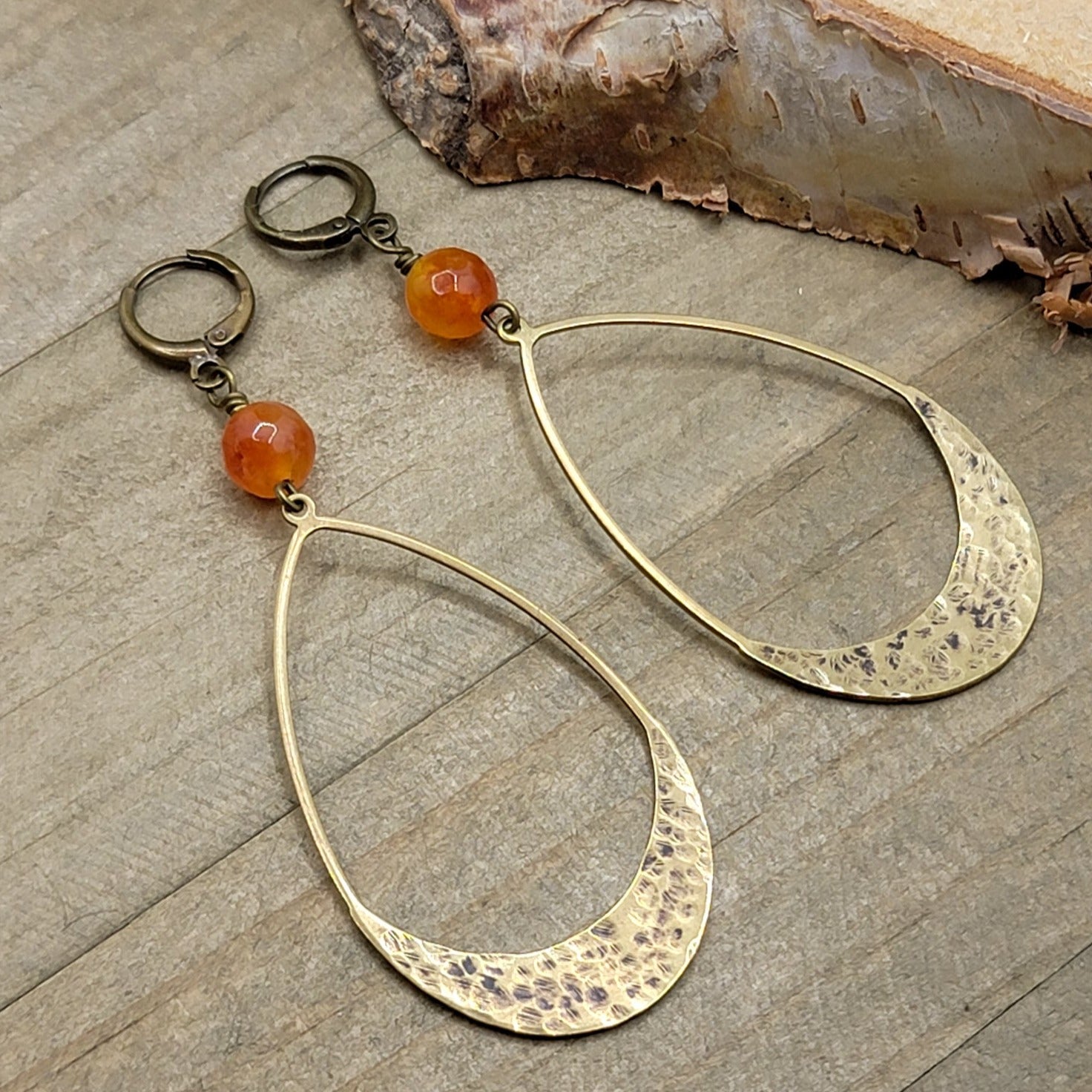 Textured Brass Oval Earrings with Earthy Agate - Nicki Lynn Jewelry