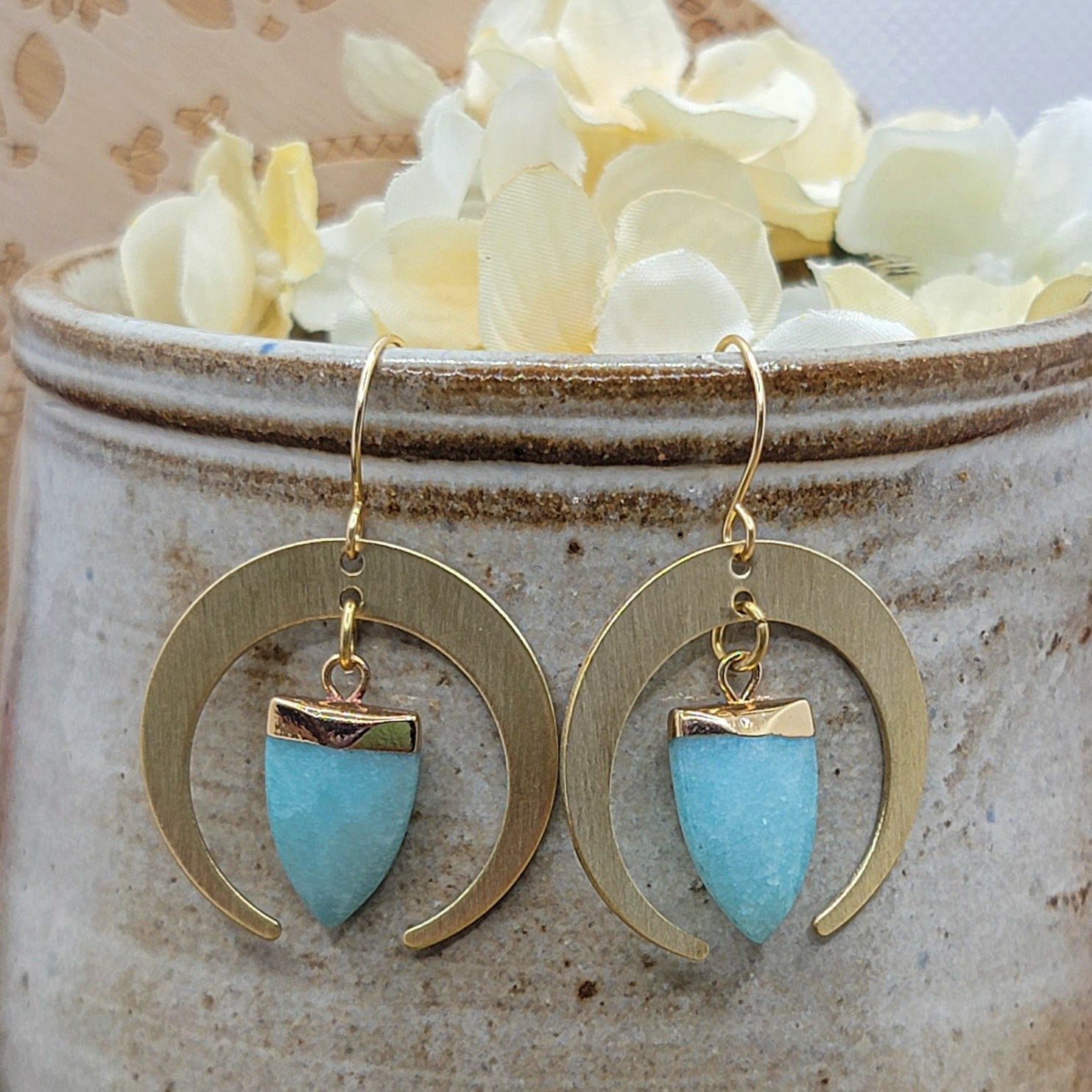 Brushed Brass Crescents with Amazonite Drops - Nicki Lynn Jewelry