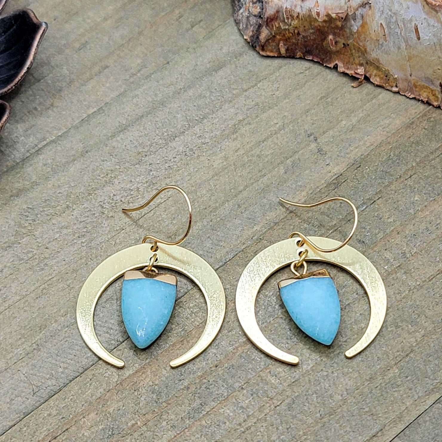Brushed Brass Crescents with Amazonite Drops - Nicki Lynn Jewelry