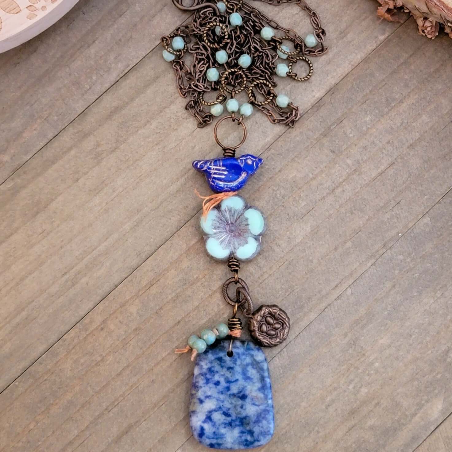 Blue Gemstone and Czech Bird Beaded Necklace - Nicki Lynn Jewelry