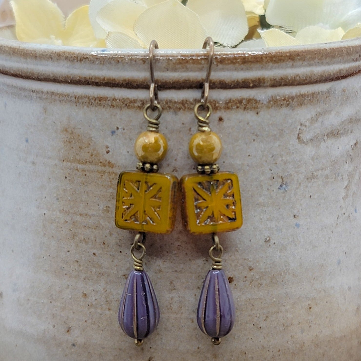 Czech Bead Drop Earrings, Mustard and Purple - Nicki Lynn Jewelry