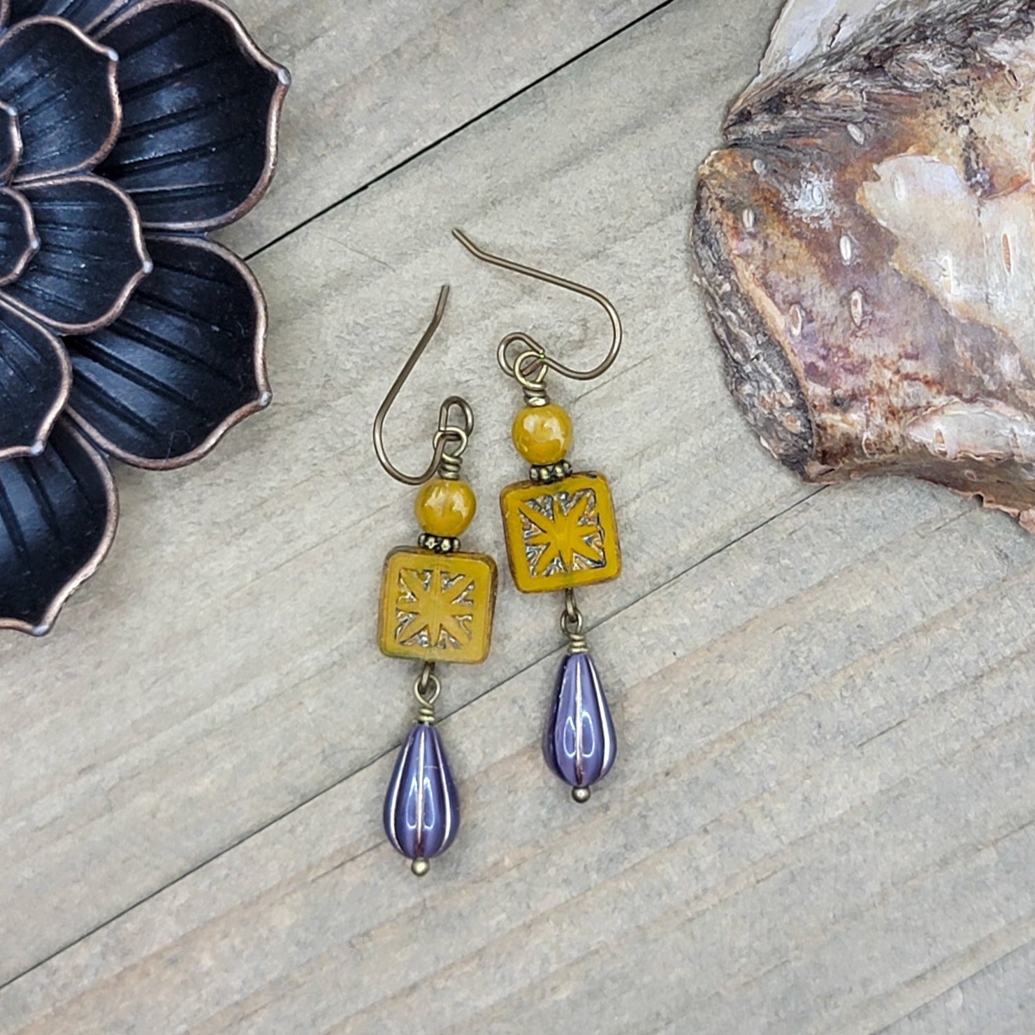 Czech Bead Drop Earrings, Mustard and Purple - Nicki Lynn Jewelry
