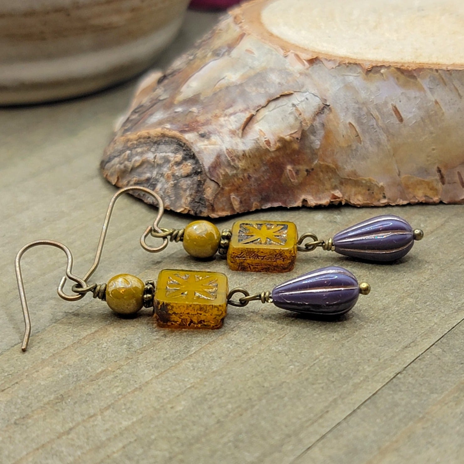 Czech Bead Drop Earrings, Mustard and Purple - Nicki Lynn Jewelry