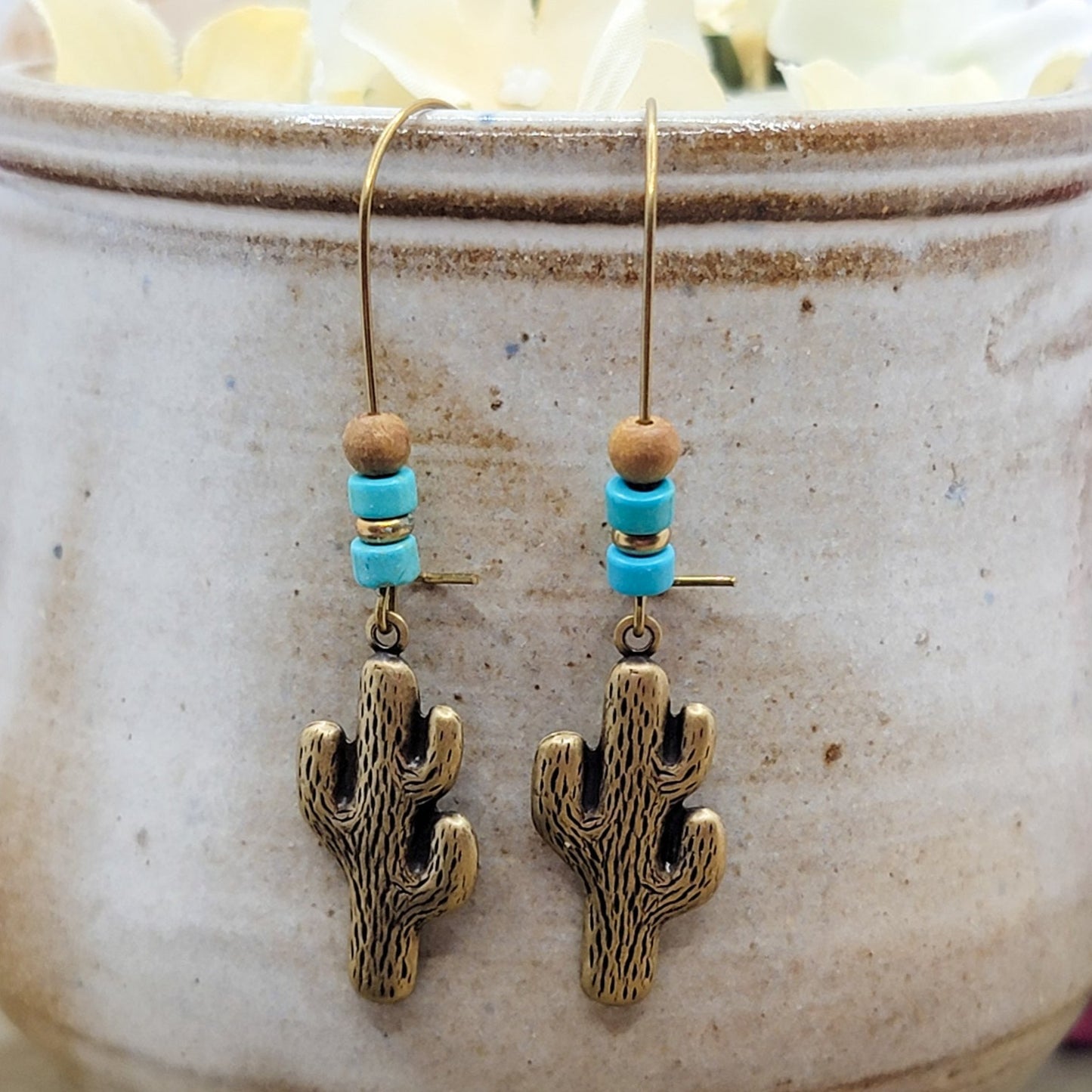 Turquoise and Brass Cactus Earrings - Nicki Lynn Jewelry