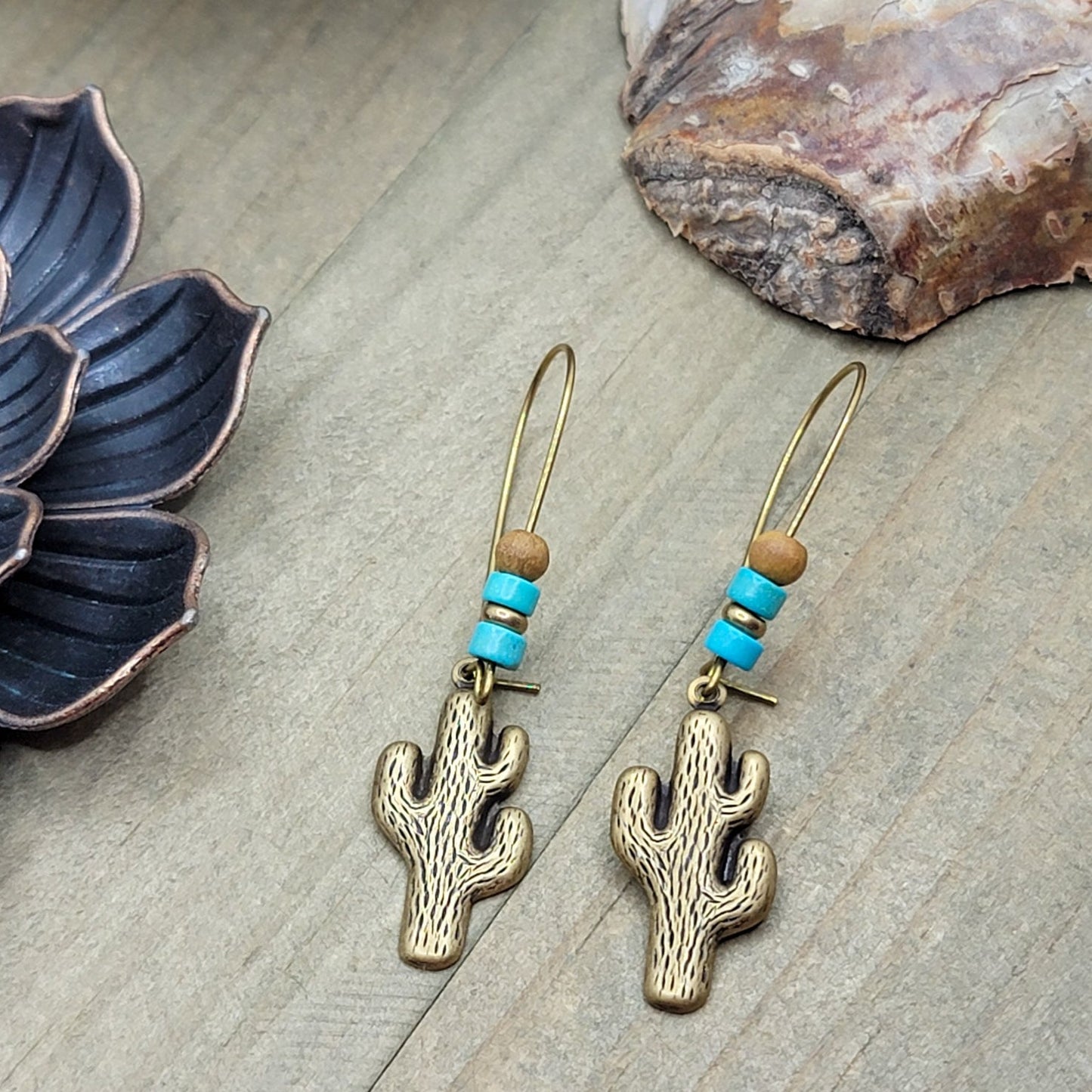 Turquoise and Brass Cactus Earrings - Nicki Lynn Jewelry