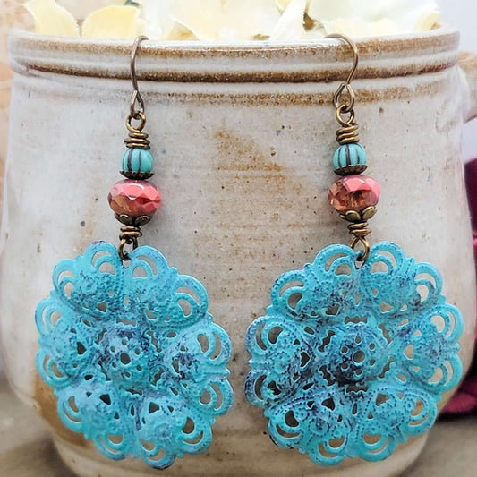 Painted Filigree with Czech Bead Drop Earrings - Nicki Lynn Jewelry