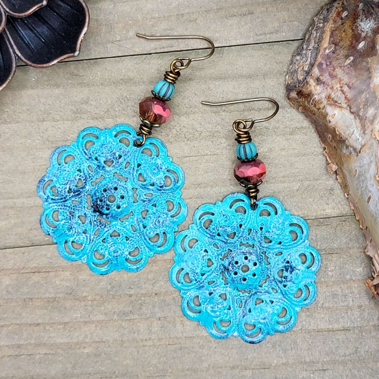 Painted Filigree with Czech Bead Drop Earrings - Nicki Lynn Jewelry