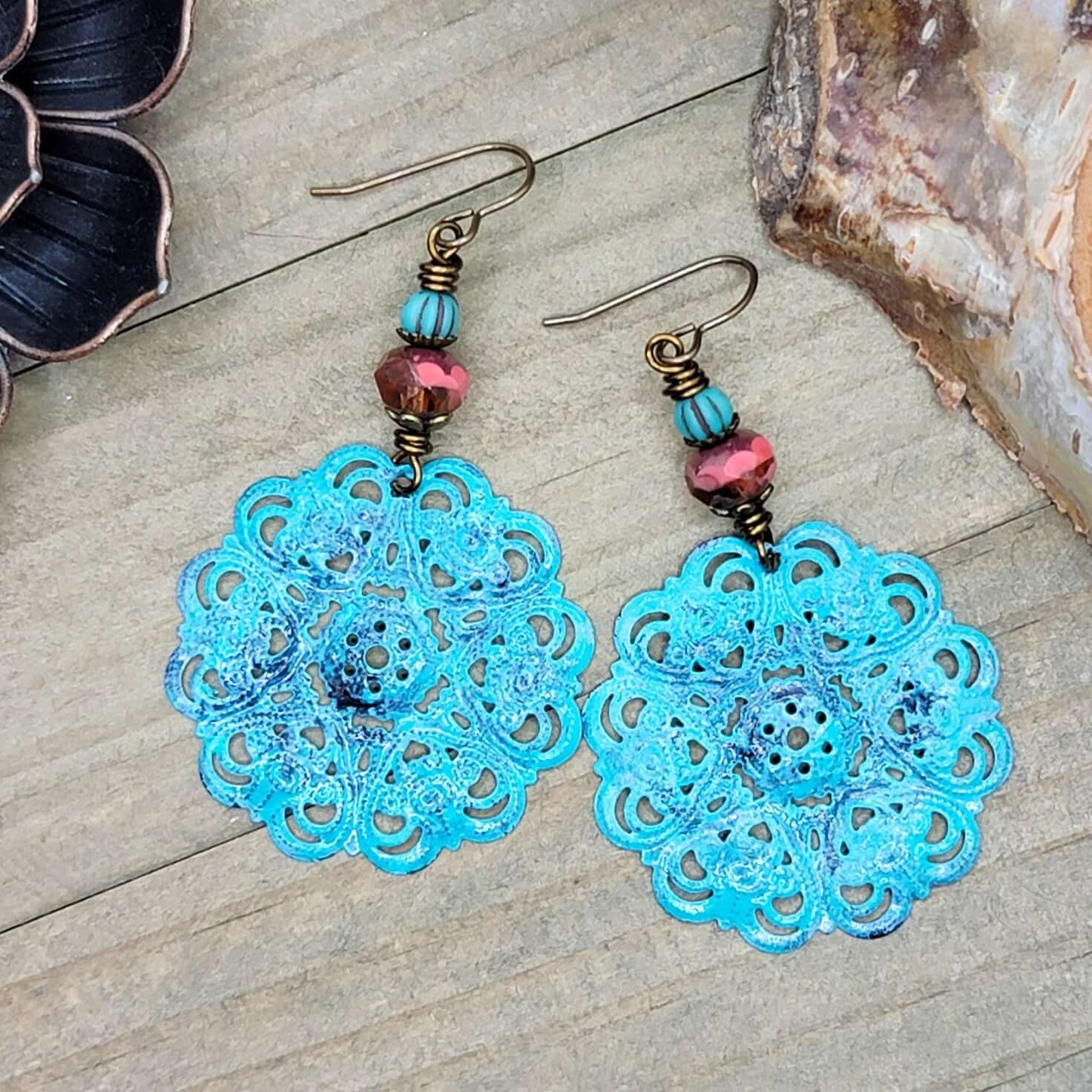 Painted Filigree with Czech Bead Drop Earrings - Nicki Lynn Jewelry