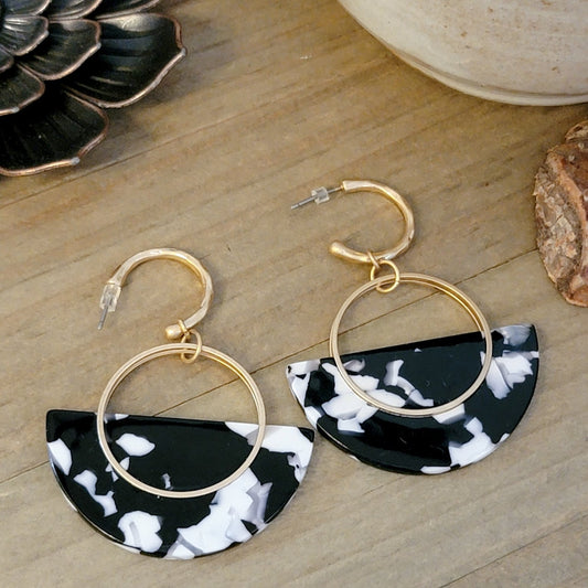 Marble Half Circle and Gold Drop Earrings - Nicki Lynn Jewelry