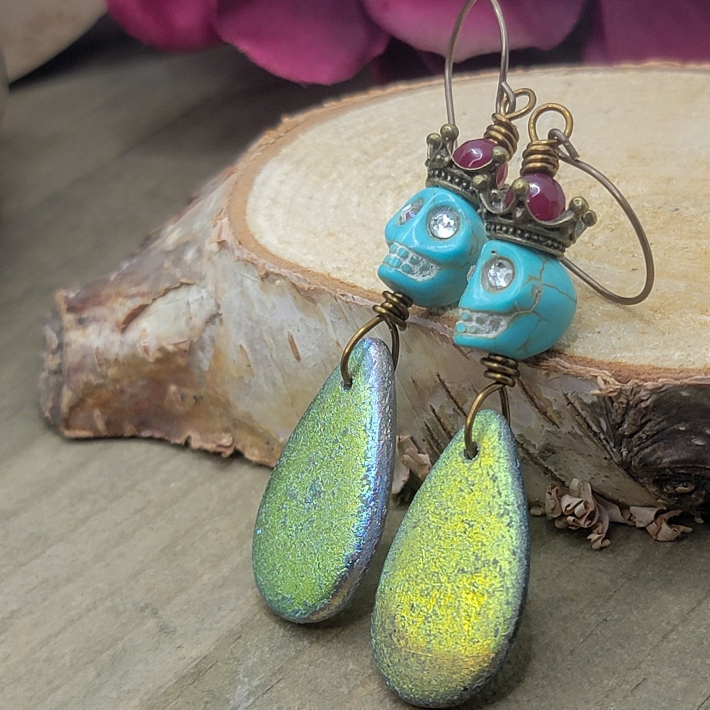 Sugar Skull Earrings with Iridescence Czech Glass - Nicki Lynn Jewelry