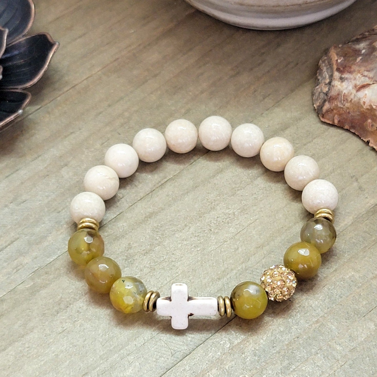 White Cross and Agate Gemstone Bracelet - Nicki Lynn Jewelry