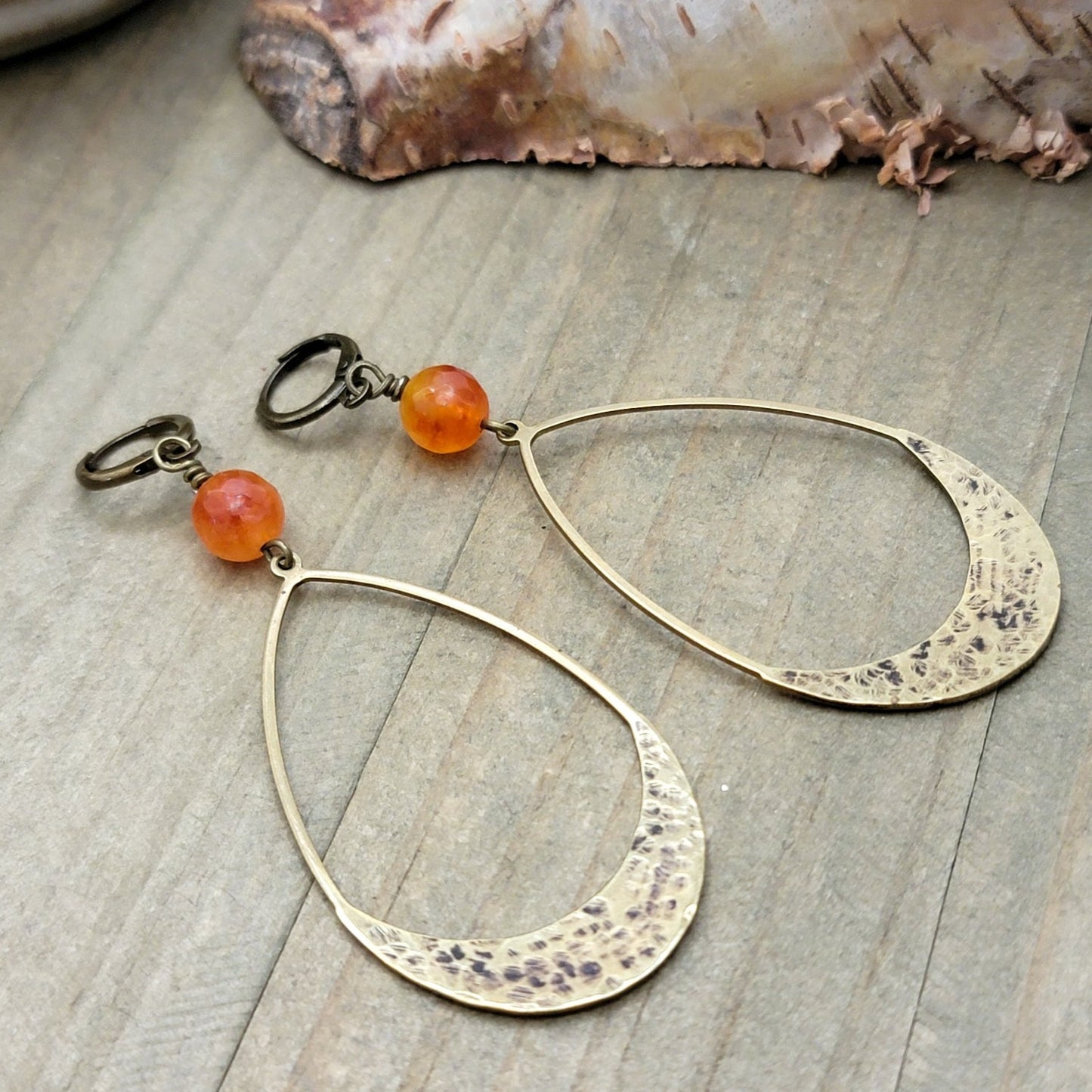 Textured Brass Oval Earrings with Earthy Agate - Nicki Lynn Jewelry