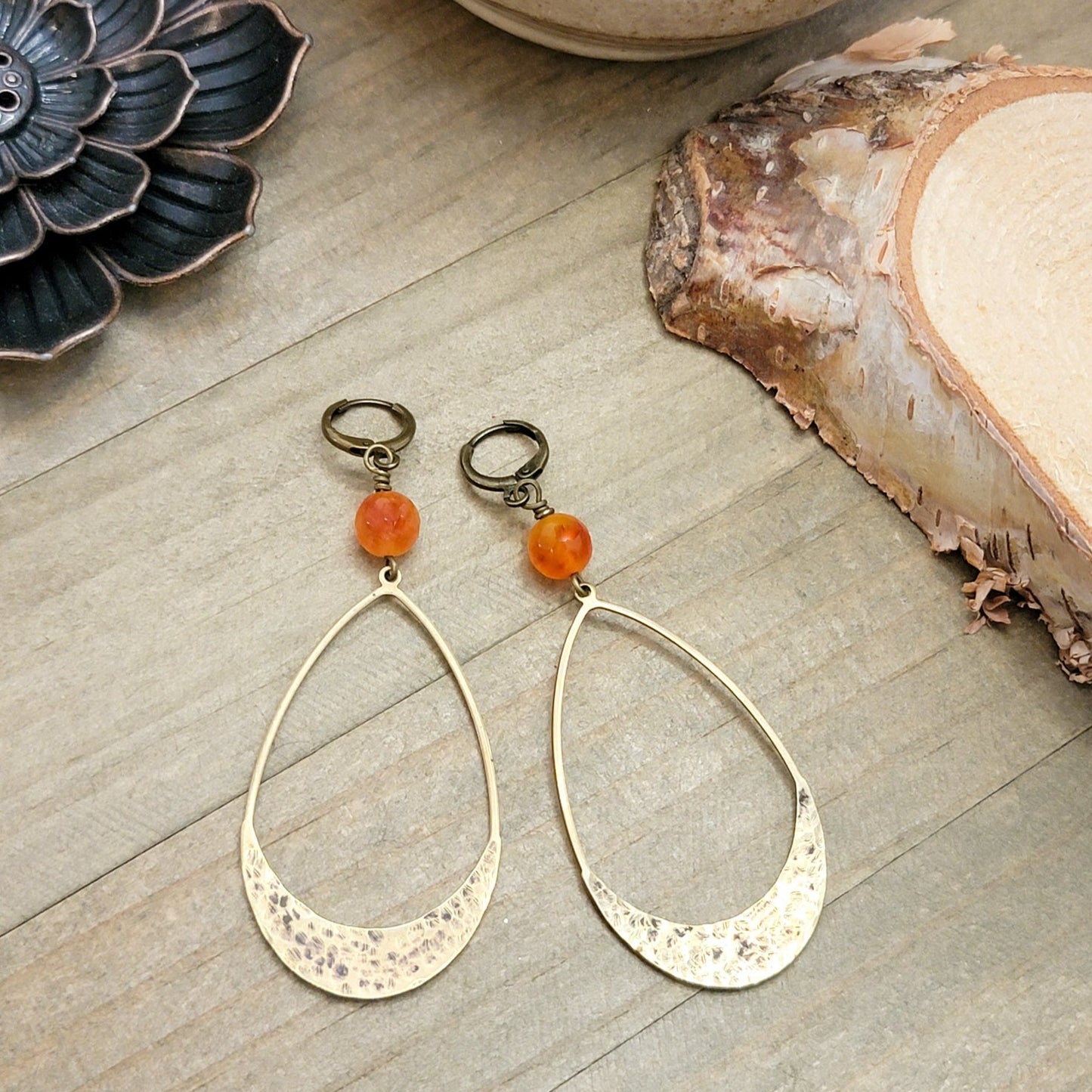 Textured Brass Oval Earrings with Earthy Agate - Nicki Lynn Jewelry