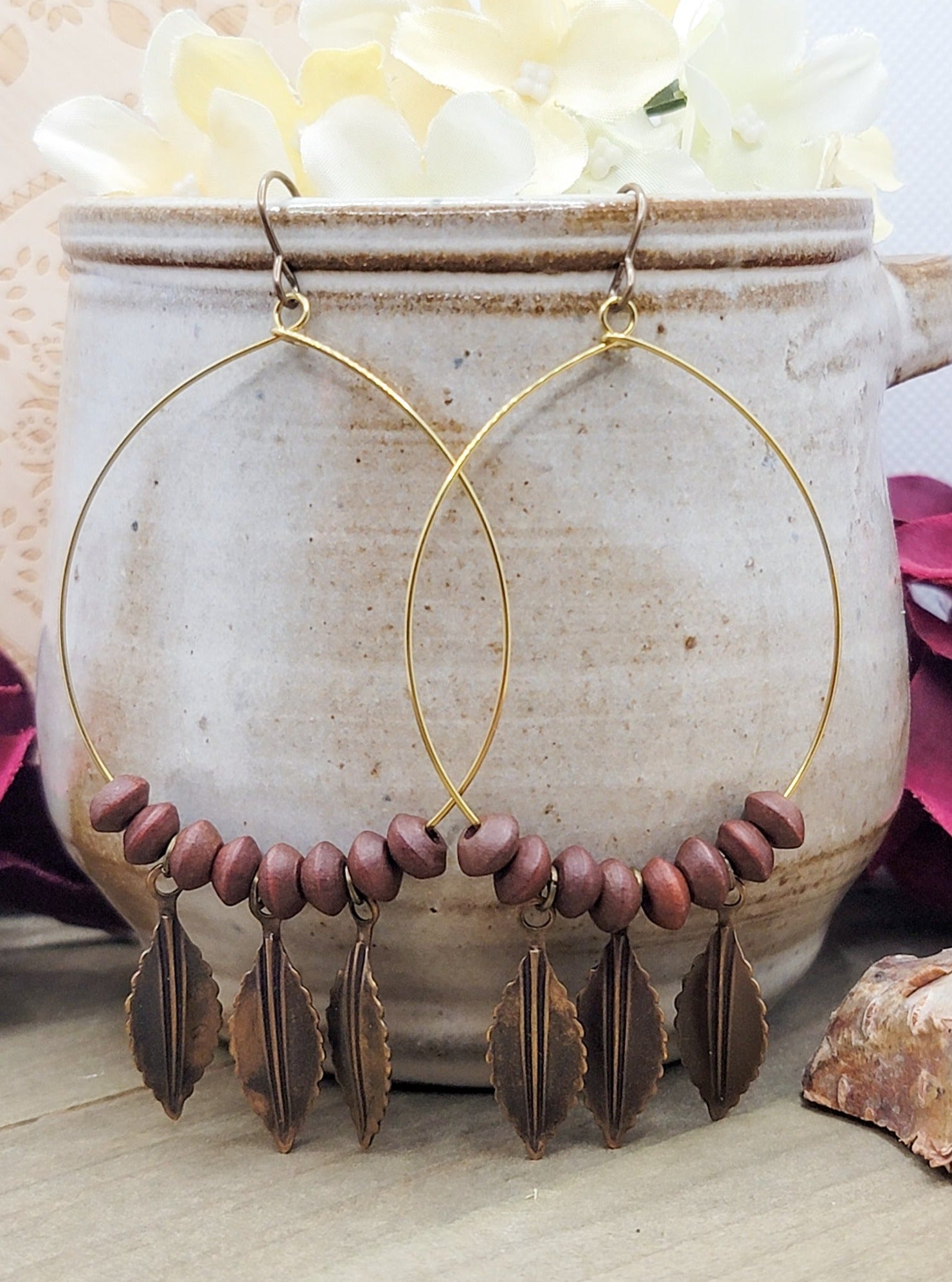 Rustic Feather Drop Hoop Earrings - Nicki Lynn Jewelry