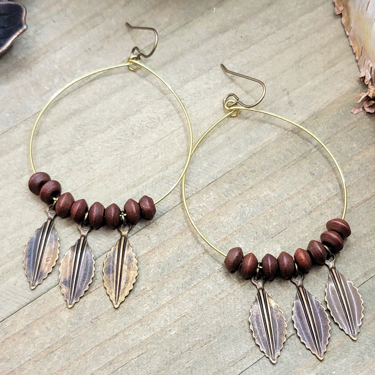 Rustic Feather Drop Hoop Earrings - Nicki Lynn Jewelry