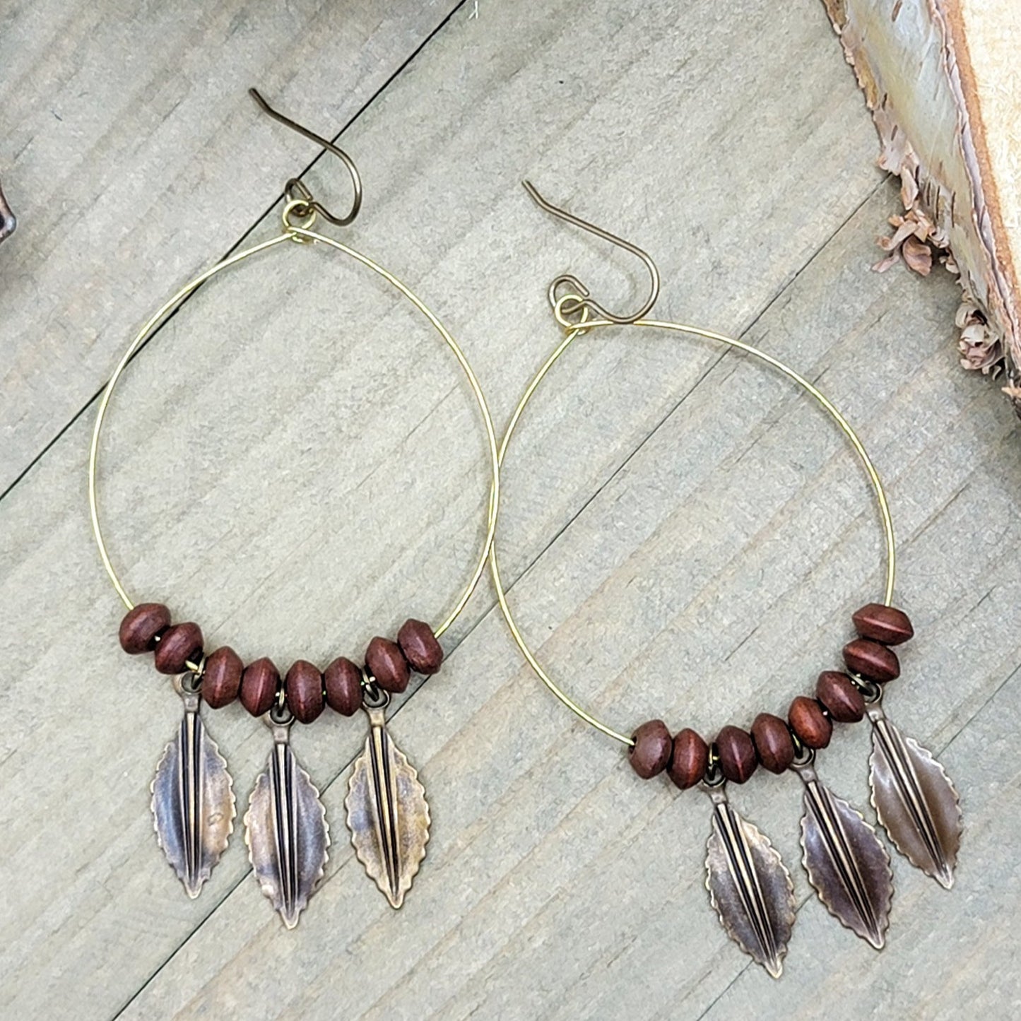 Rustic Feather Drop Hoop Earrings - Nicki Lynn Jewelry