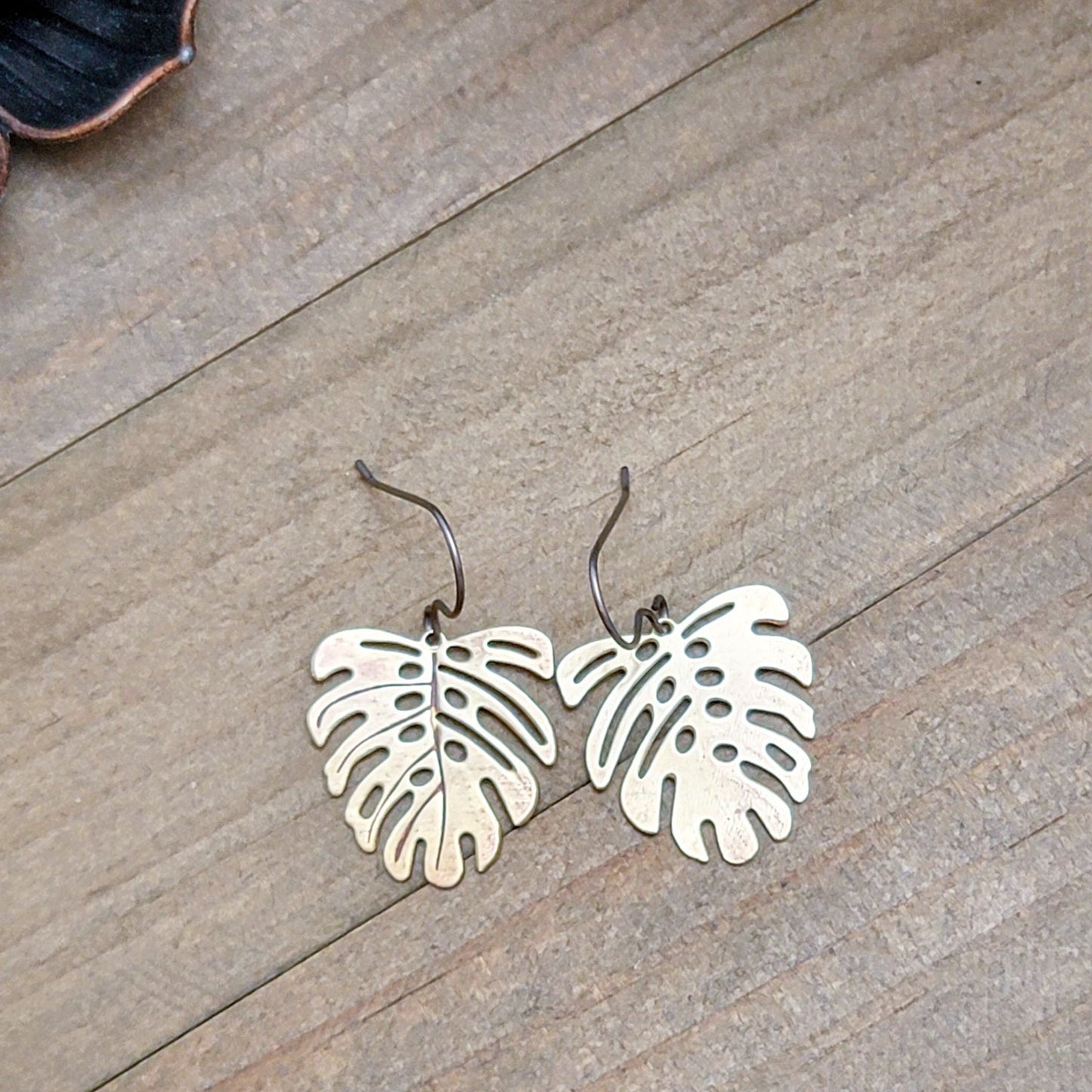 Brass Monstera Leaf Dangle Earrings -Hypoallergenic - Nicki Lynn Jewelry