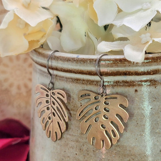 Brass Monstera Leaf Dangle Earrings -Hypoallergenic - Nicki Lynn Jewelry