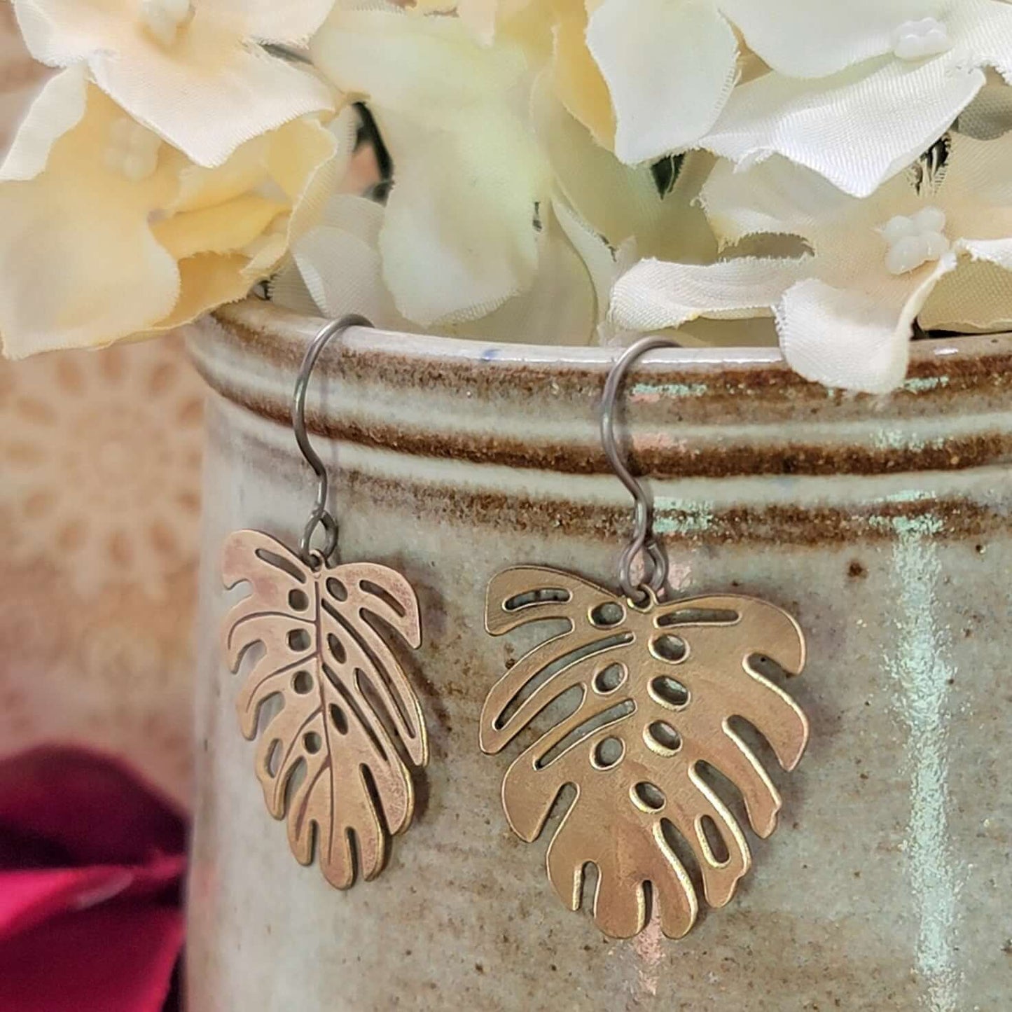 Brass Monstera Leaf Dangle Earrings -Hypoallergenic - Nicki Lynn Jewelry