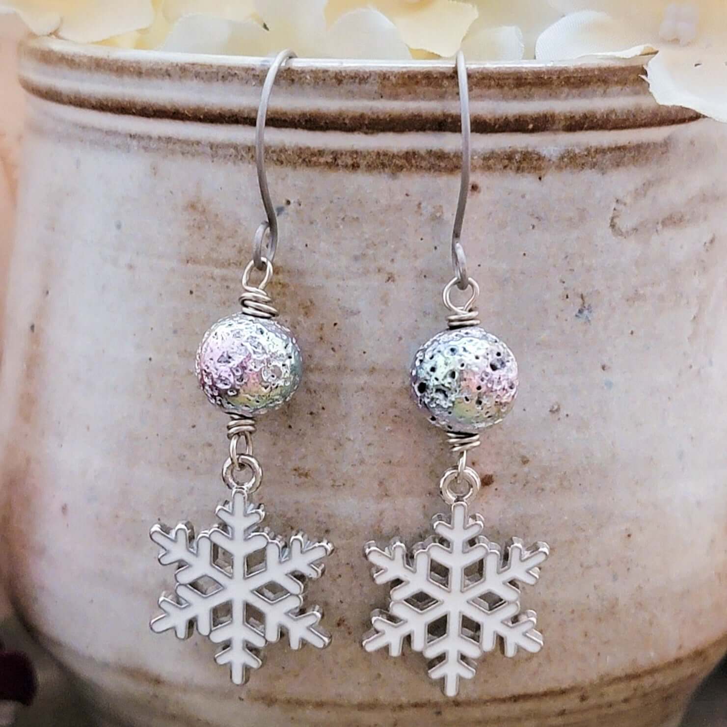 Enamel Snowflakes and Silver Lava Stone Earrings - Nicki Lynn Jewelry