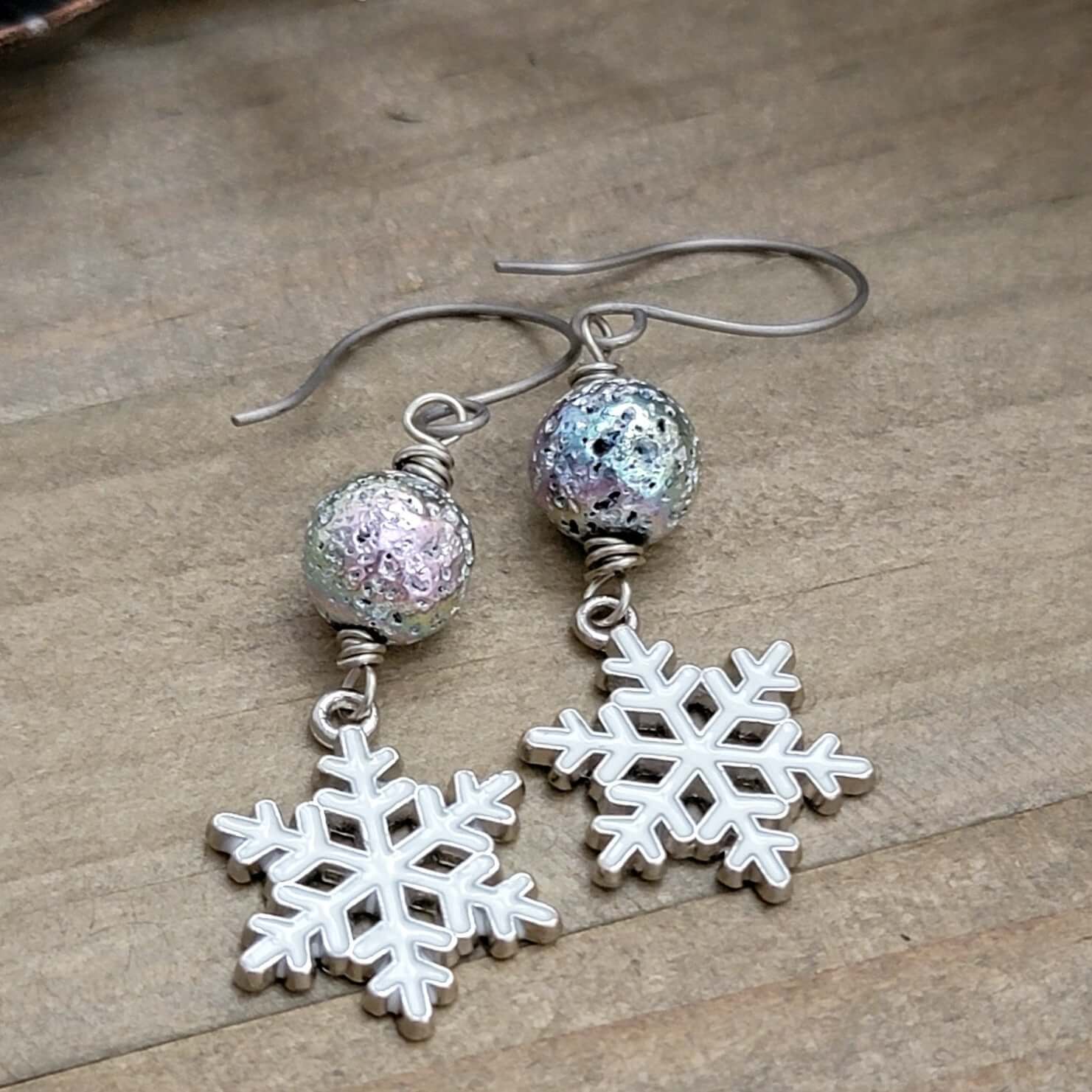 Enamel Snowflakes and Silver Lava Stone Earrings - Nicki Lynn Jewelry