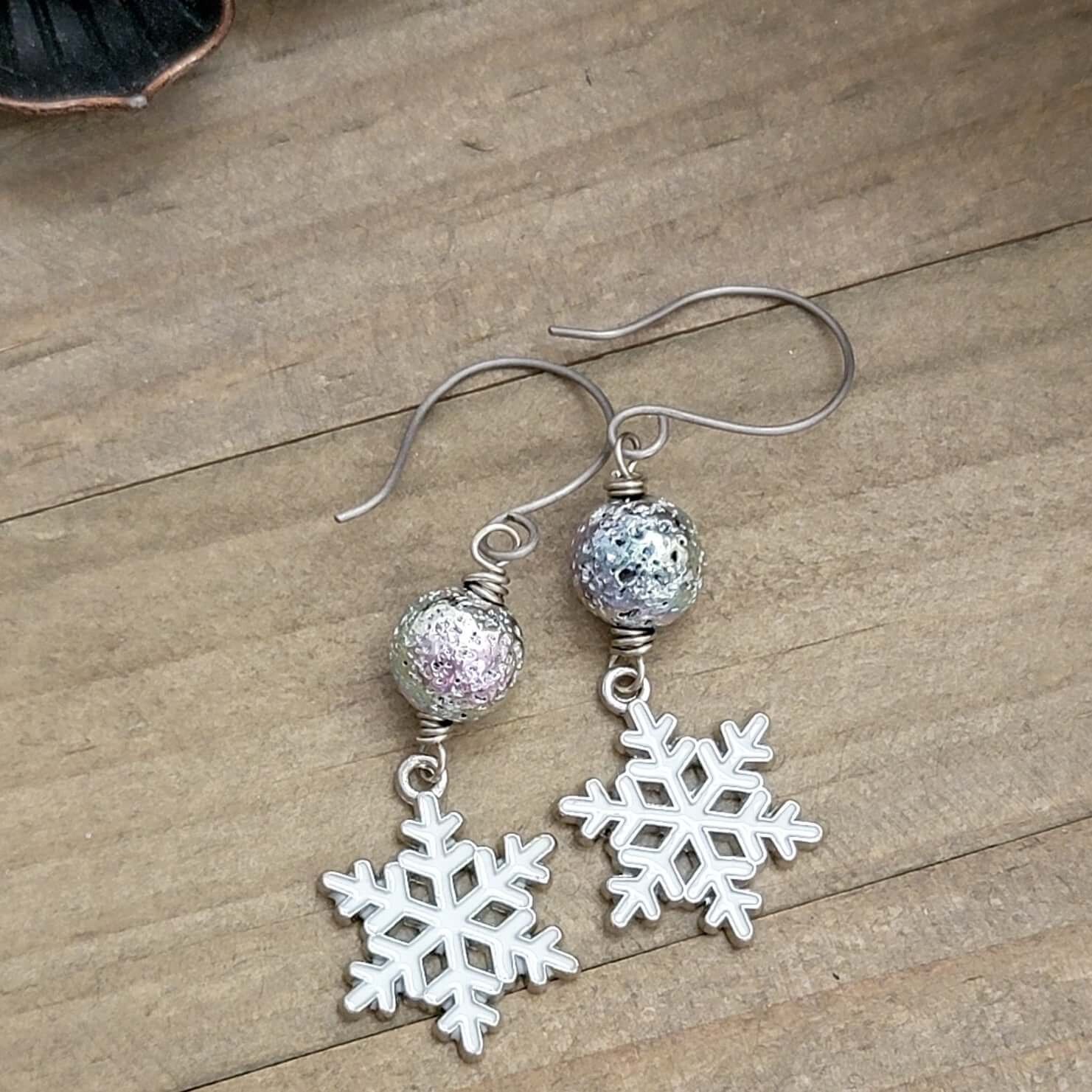 Enamel Snowflakes and Silver Lava Stone Earrings - Nicki Lynn Jewelry