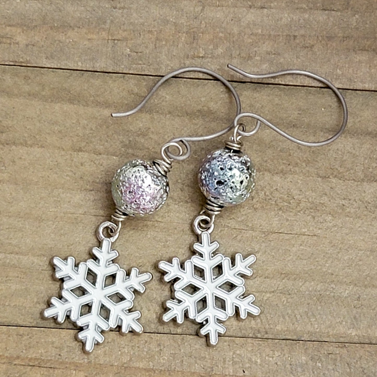 Enamel Snowflakes and Silver Lava Stone Earrings - Nicki Lynn Jewelry
