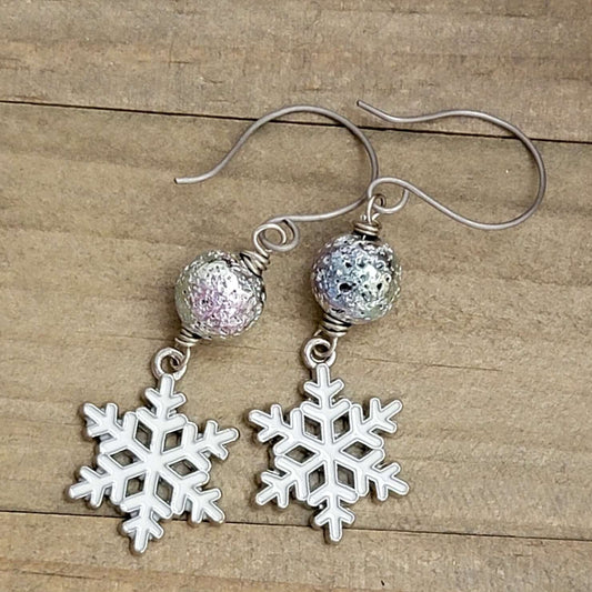 Enamel Snowflakes and Silver Lava Stone Earrings - Nicki Lynn Jewelry