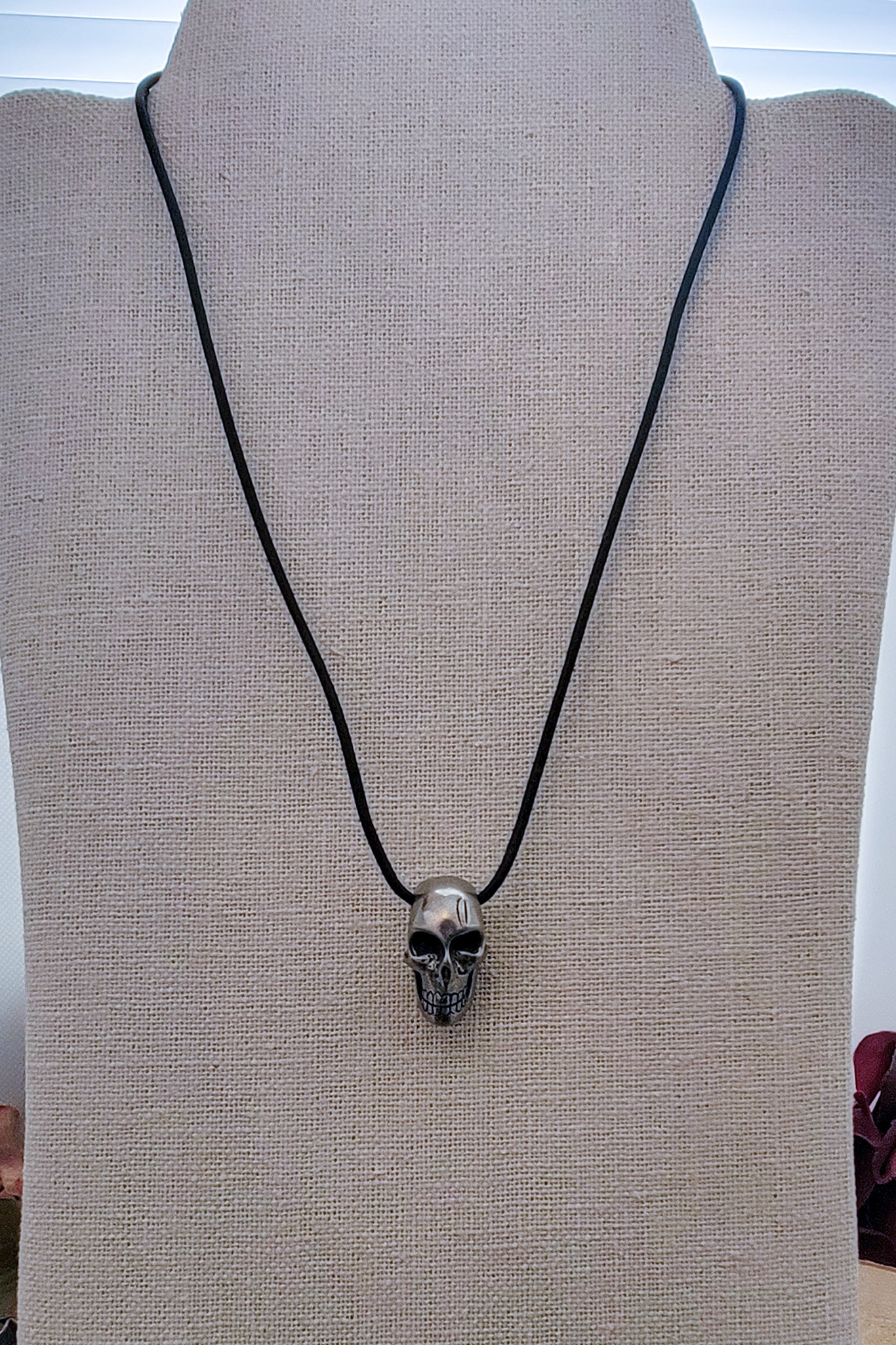 Mens Pewter Skull Bead Leather Cord Necklace - Nicki Lynn Jewelry
