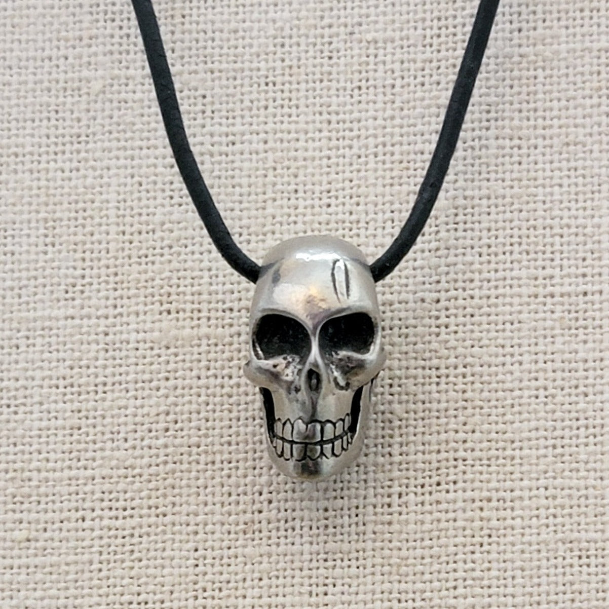 Mens Pewter Skull Bead Leather Cord Necklace - Nicki Lynn Jewelry