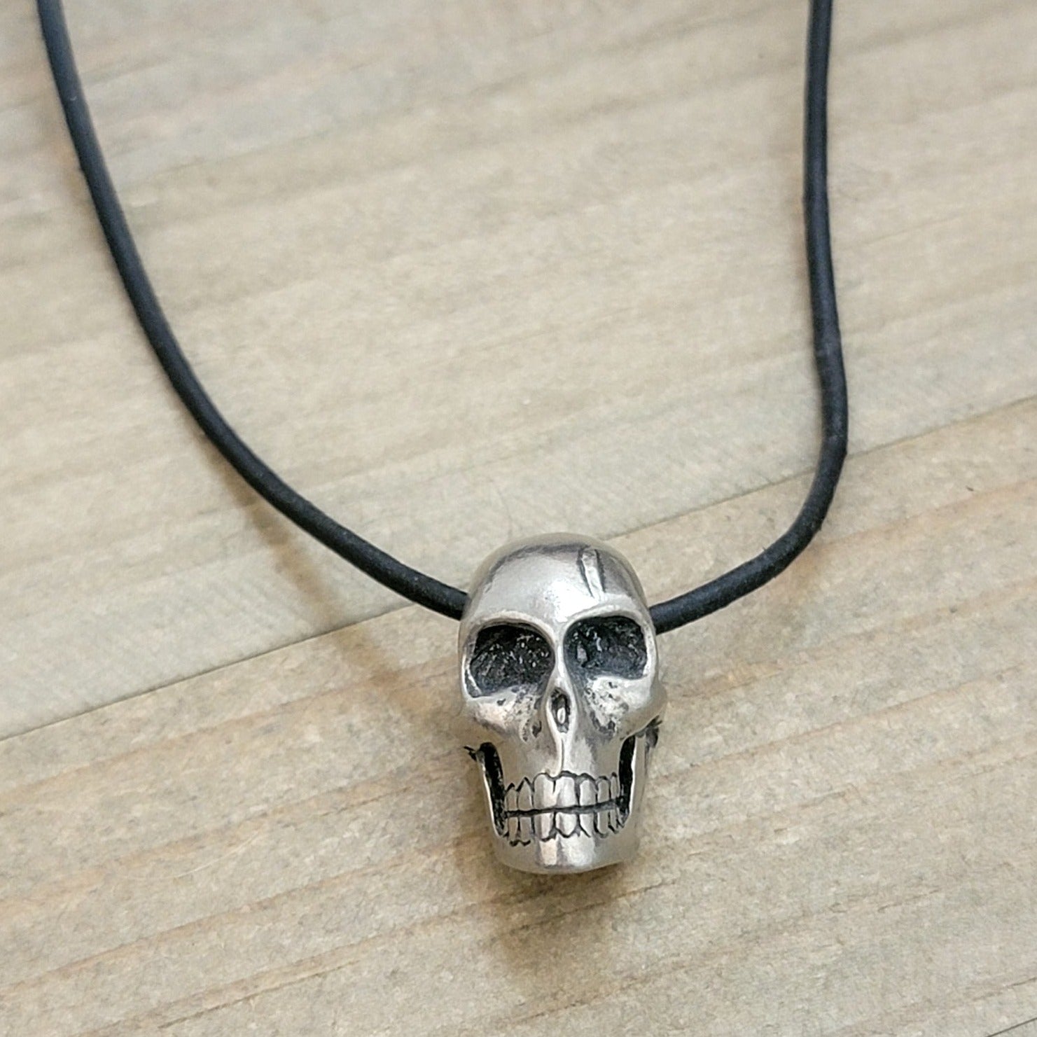 Mens Pewter Skull Bead Leather Cord Necklace - Nicki Lynn Jewelry