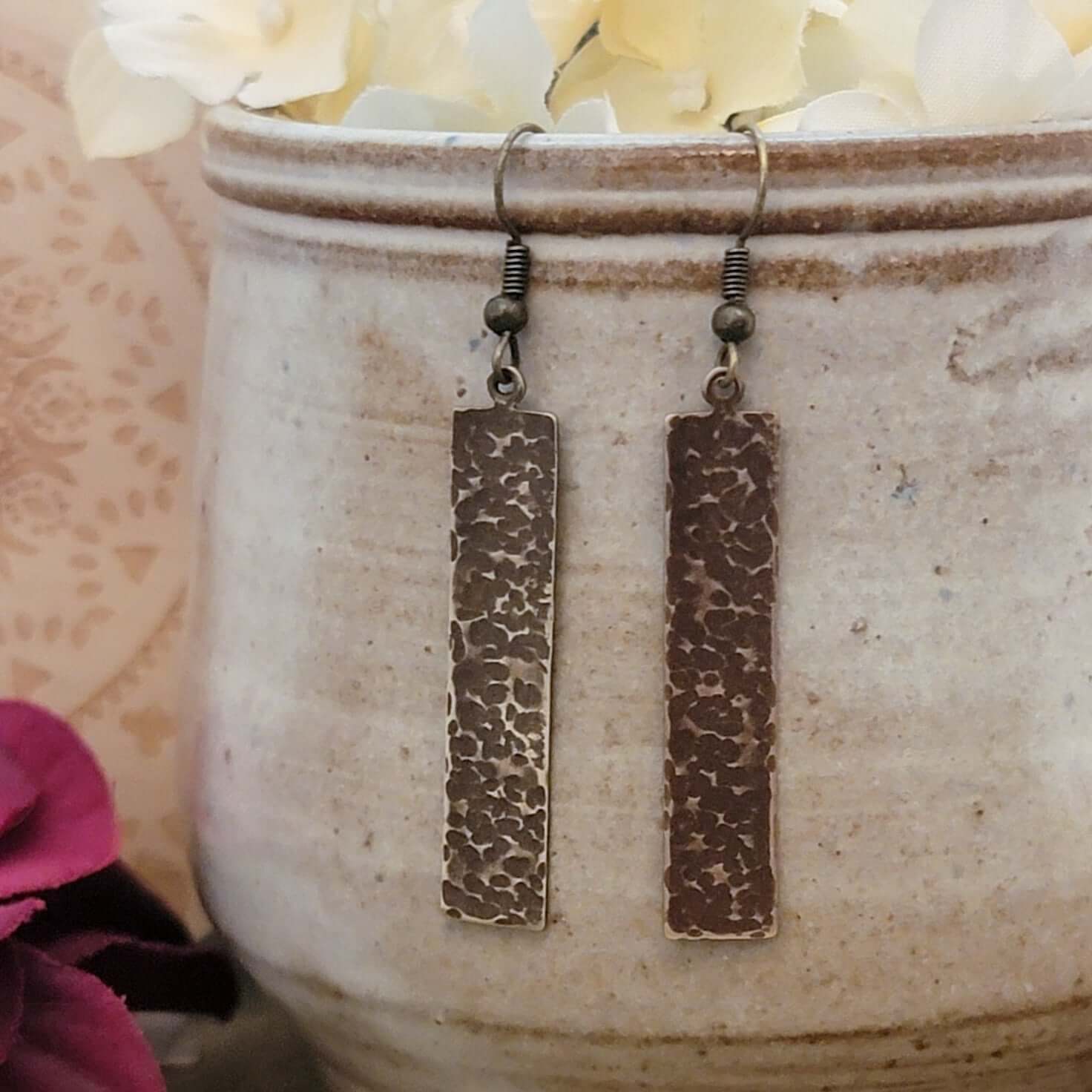 Earthy Textured Brass Bar Earrings - Nicki Lynn Jewelry