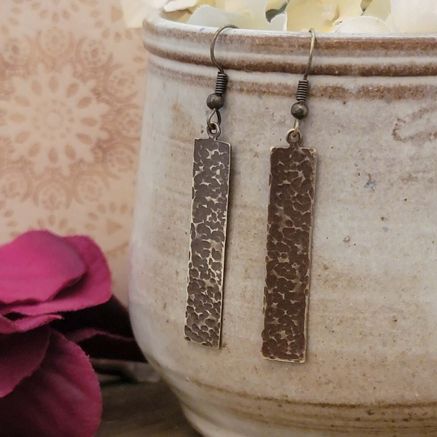 Earthy Textured Brass Bar Earrings - Nicki Lynn Jewelry