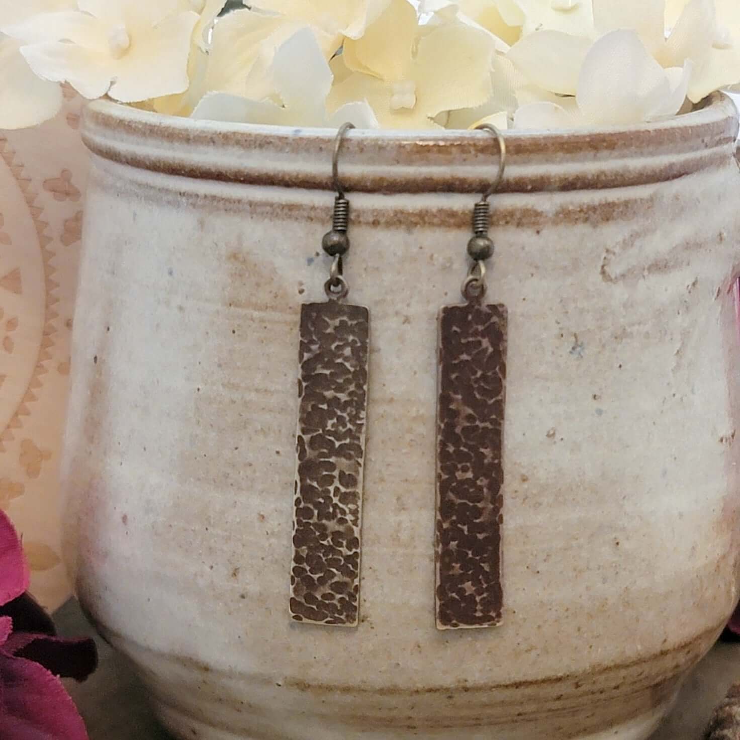 Earthy Textured Brass Bar Earrings - Nicki Lynn Jewelry