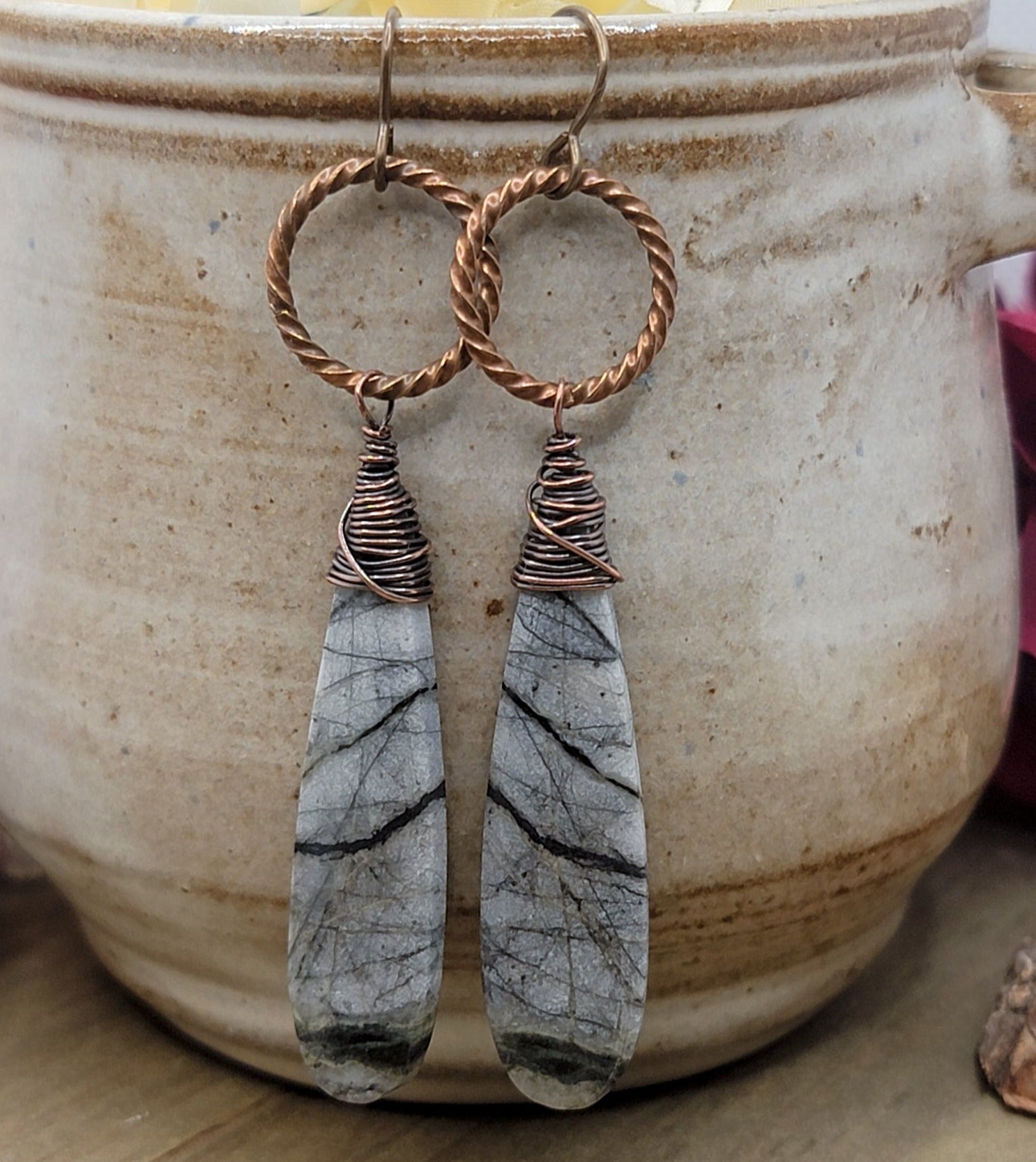 Copper Wire Wrapped Jasper Mixed Metal Earrings - Nicki Lynn Jewelry