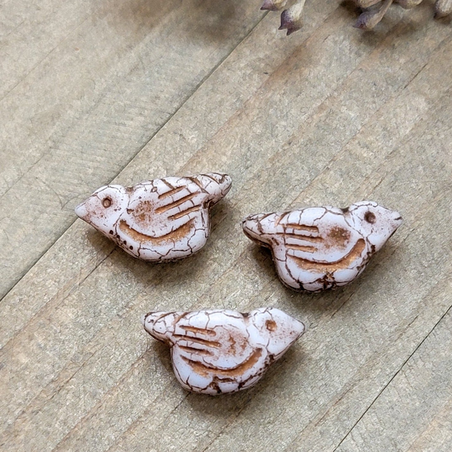 Czech Glass Bird Beads - Matte White with a Bronze Finish- 6 Beads - Nicki Lynn Jewelry