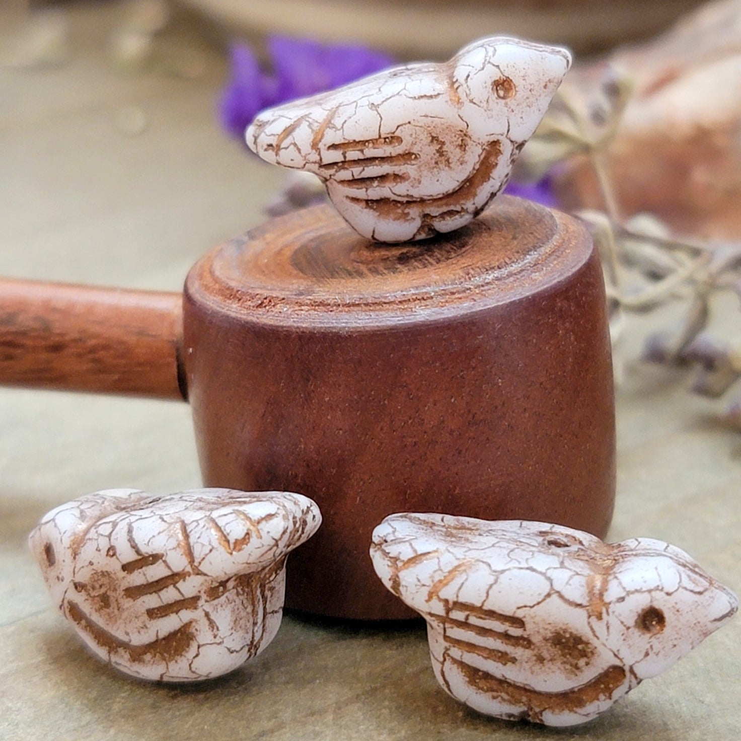 Czech Glass Bird Beads - Matte White with a Bronze Finish- 6 Beads - Nicki Lynn Jewelry