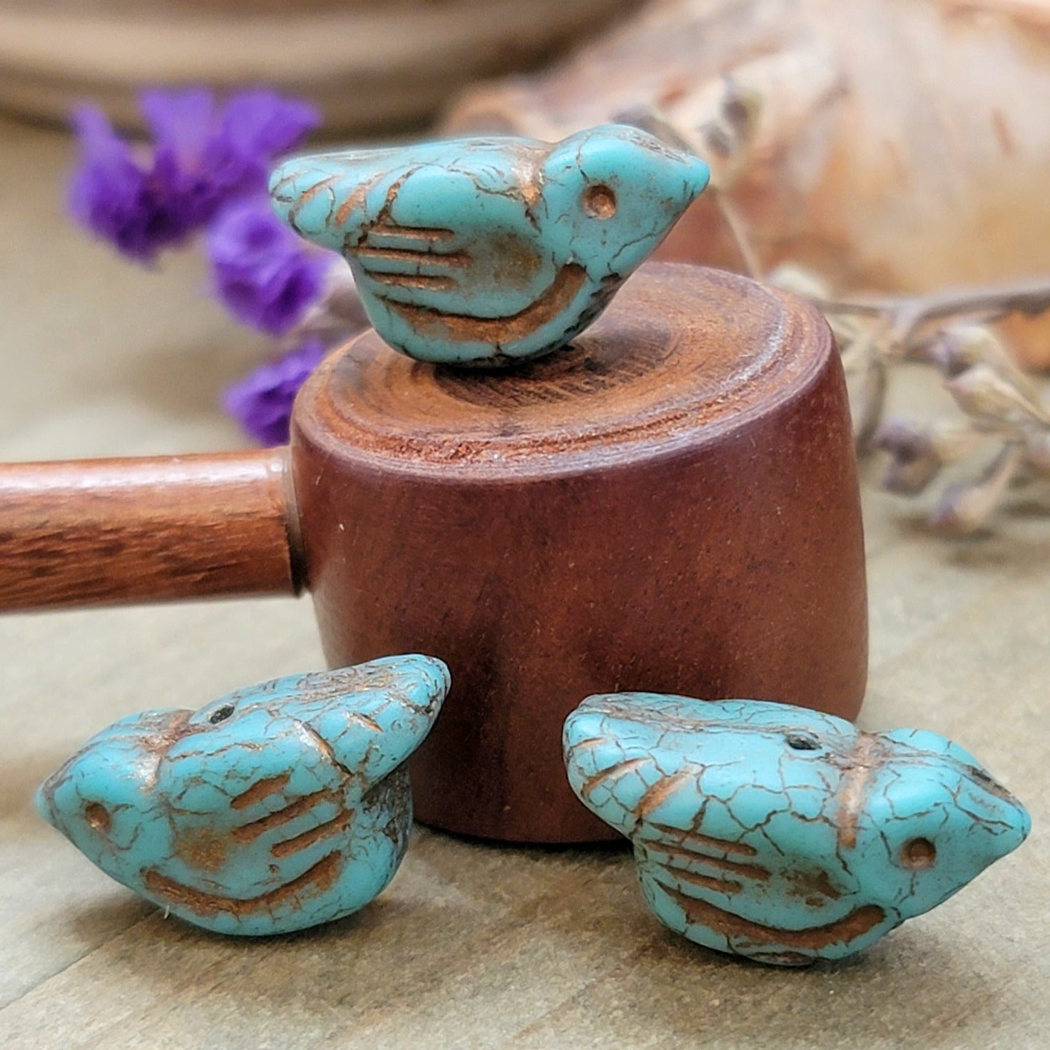 Premium Czech Glass Birds - Medium Sky Blue with a Gold Wash - 6 Beads - Nicki Lynn Jewelry