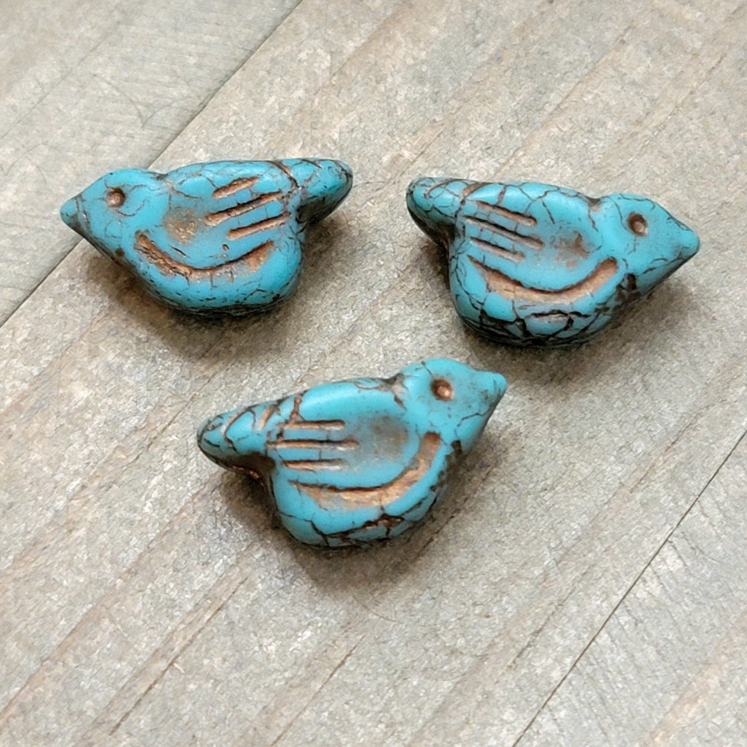 Premium Czech Glass Birds - Medium Sky Blue with a Gold Wash - 6 Beads - Nicki Lynn Jewelry